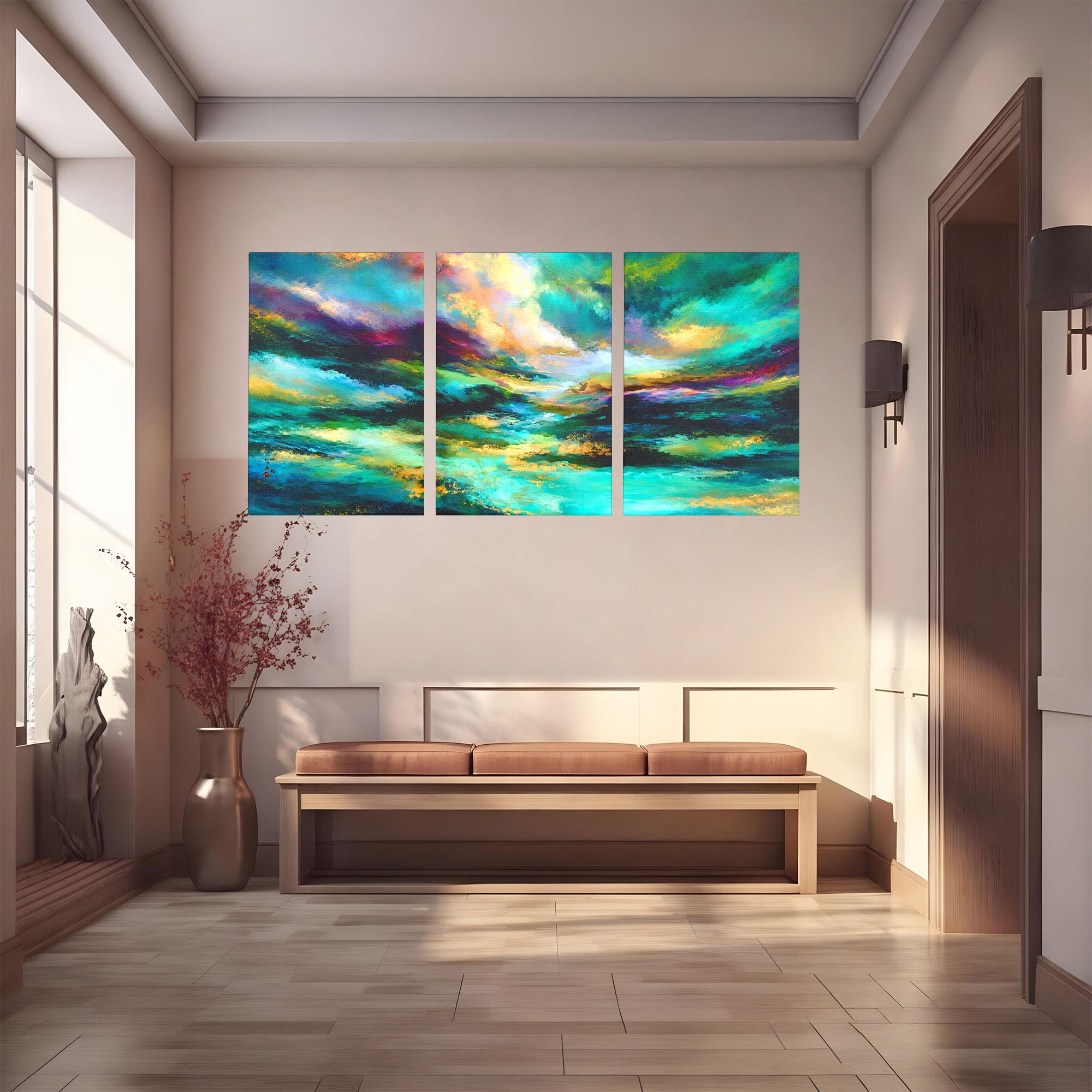 Set 3 Tablouri Canvas Premium LuxCanva® C3-1354, Peisaj Montan Abstract, Peisaj, Abstract, Natura, Montan, Living, Culori Vibrante