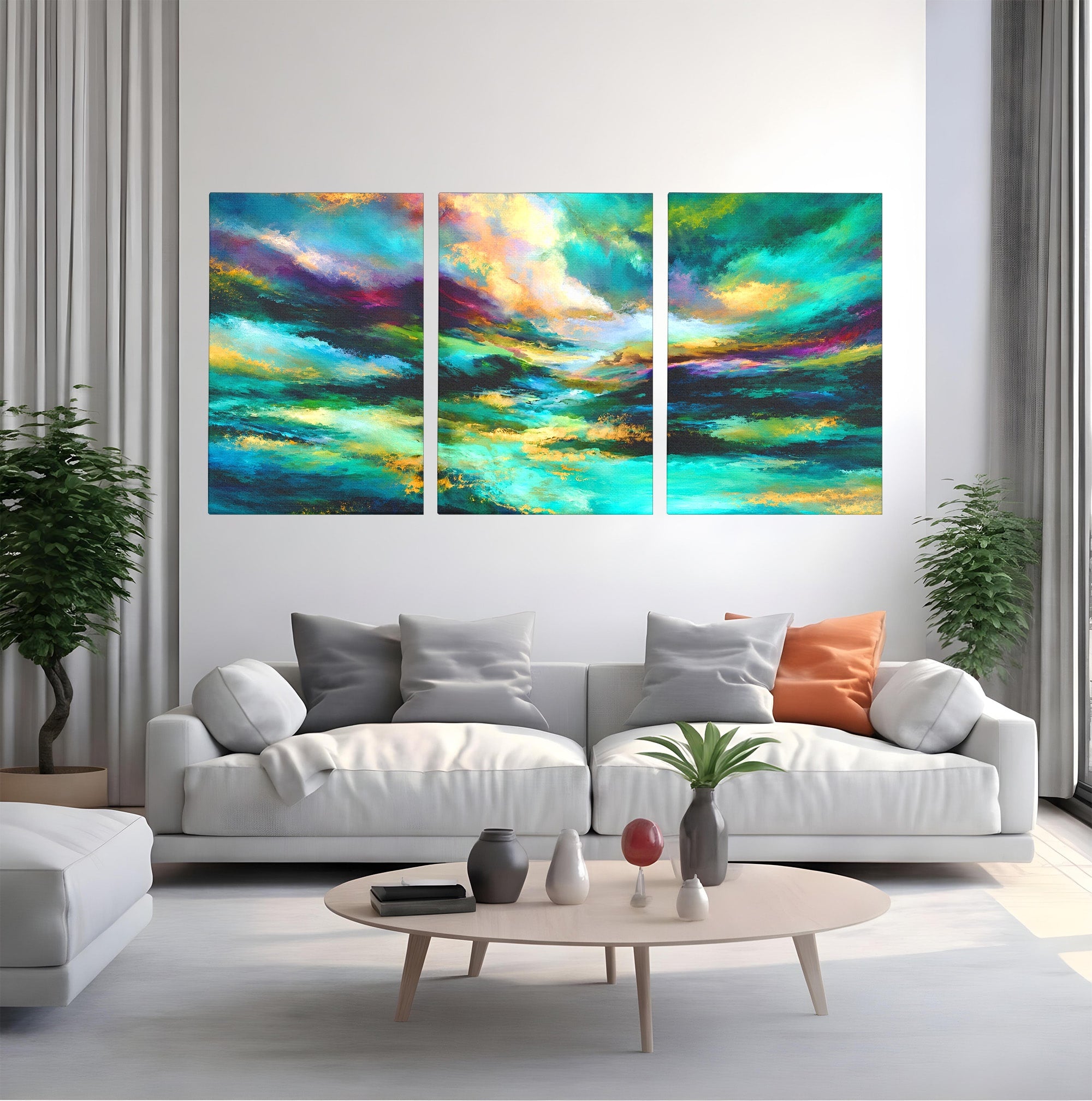 Set 3 Tablouri Canvas Premium LuxCanva® C3-1354, Peisaj Montan Abstract, Peisaj, Abstract, Natura, Montan, Living, Culori Vibrante