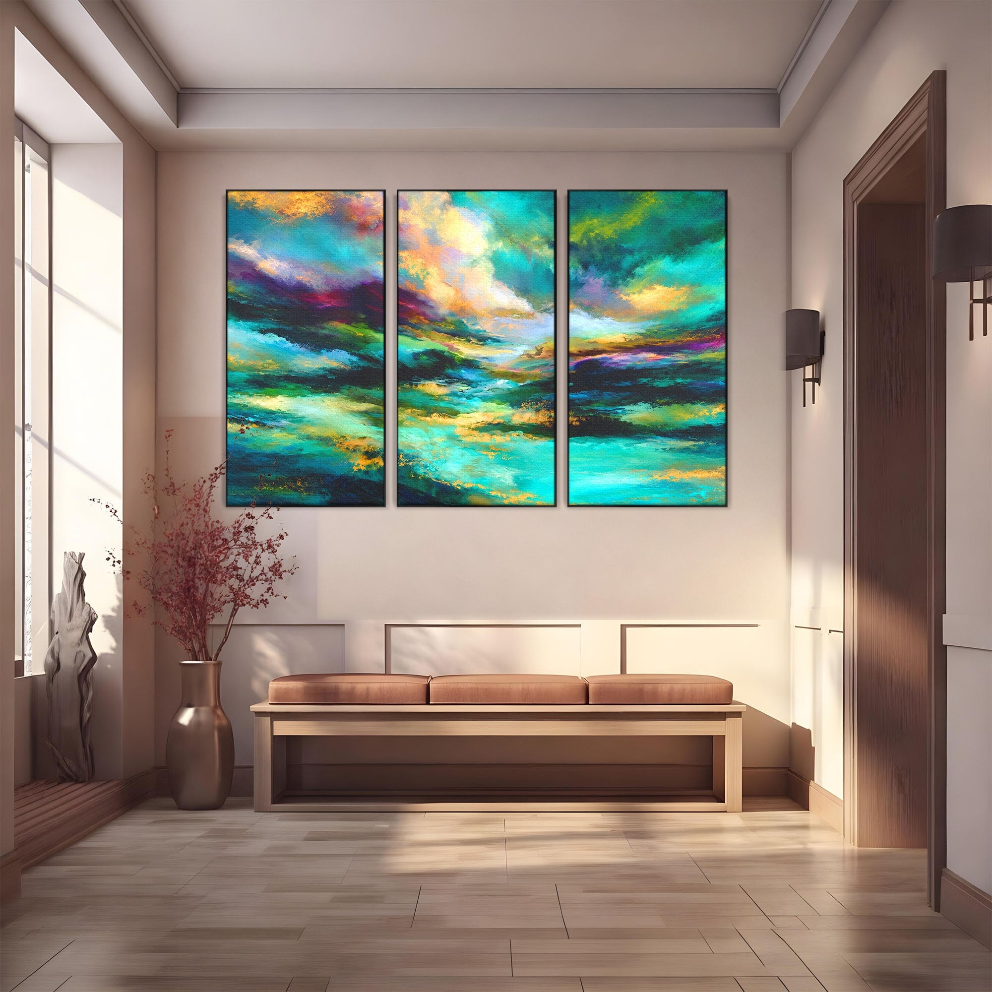 Set 3 Tablouri Canvas Premium LuxCanva® C3-1354, Peisaj Montan Abstract, Peisaj, Abstract, Natura, Montan, Living, Culori Vibrante