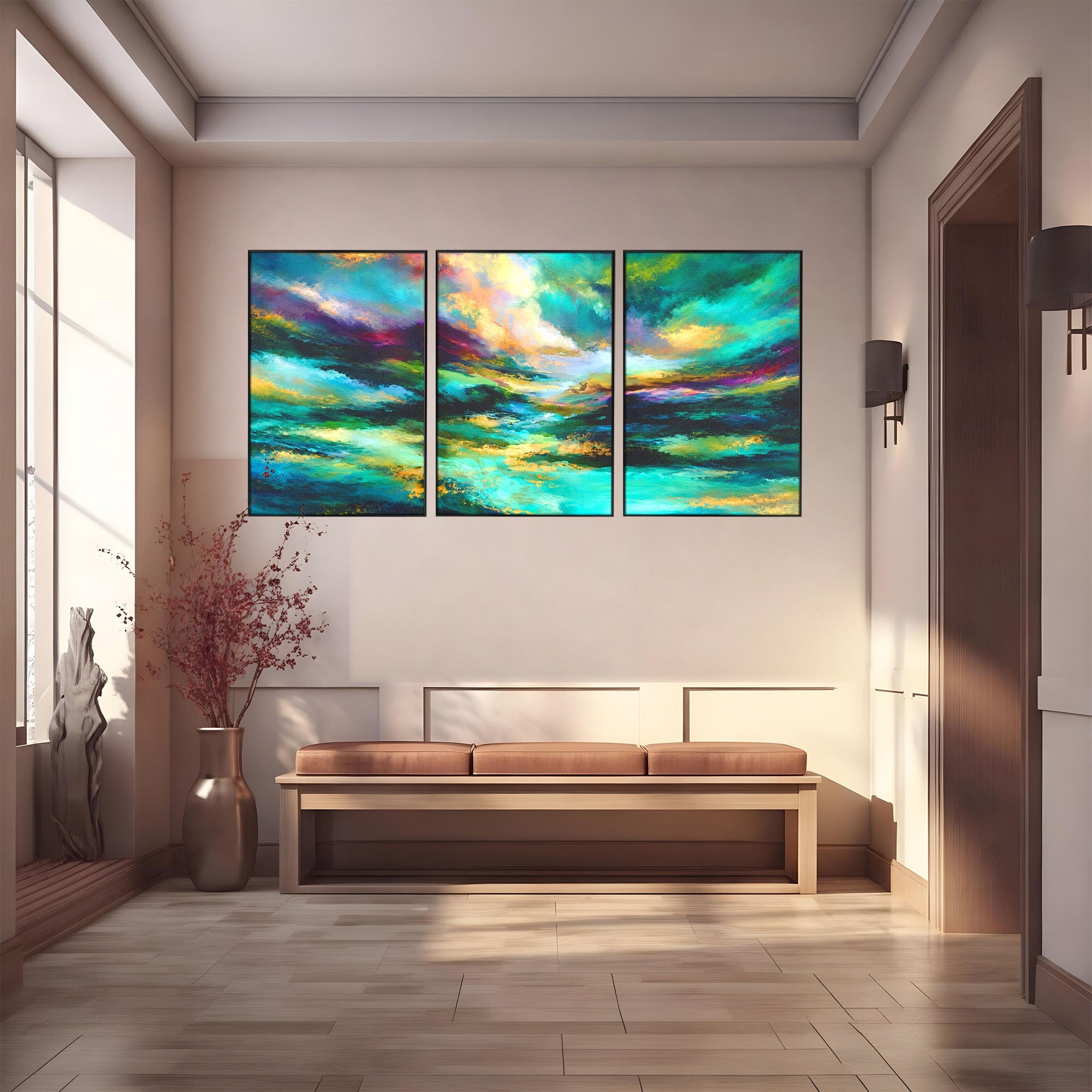 Set 3 Tablouri Canvas Premium LuxCanva® C3-1354, Peisaj Montan Abstract, Peisaj, Abstract, Natura, Montan, Living, Culori Vibrante