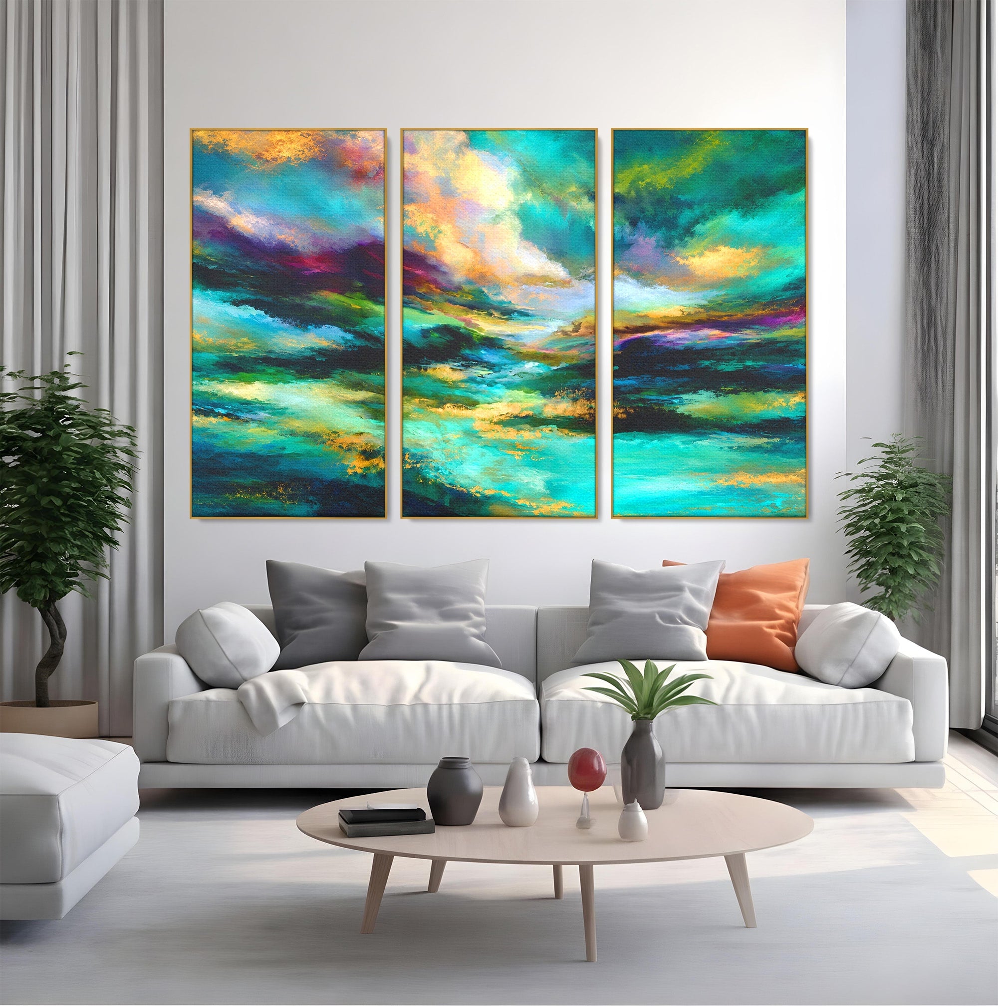 Set 3 Tablouri Canvas Premium LuxCanva® C3-1354, Peisaj Montan Abstract, Peisaj, Abstract, Natura, Montan, Living, Culori Vibrante