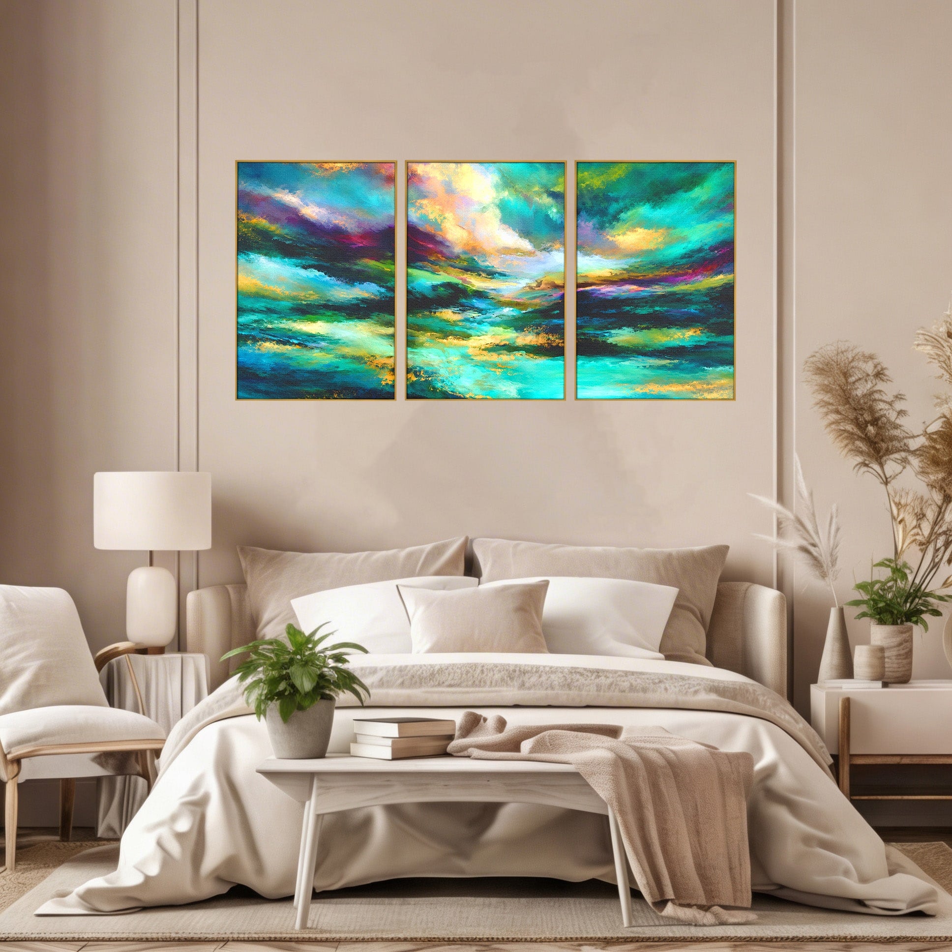Set 3 Tablouri Canvas Premium LuxCanva® C3-1354, Peisaj Montan Abstract, Peisaj, Abstract, Natura, Montan, Living, Culori Vibrante