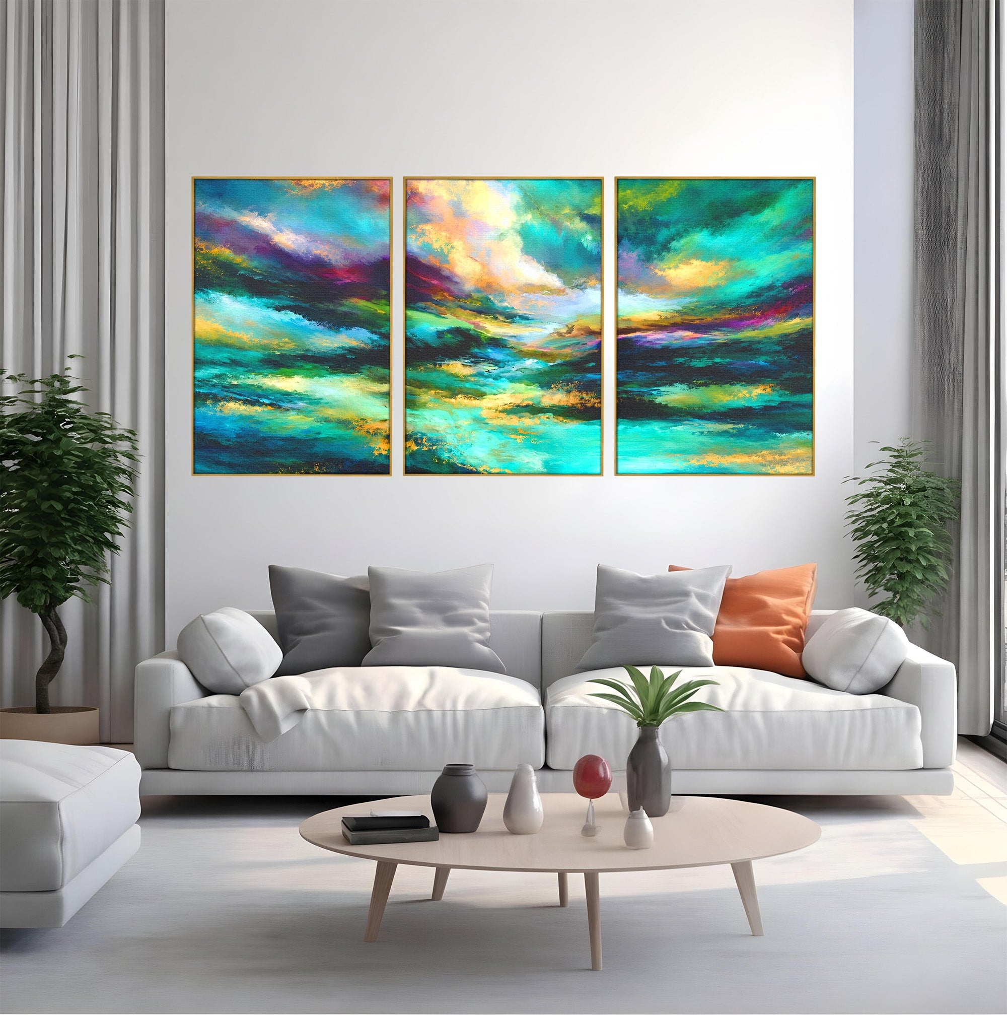 Set 3 Tablouri Canvas Premium LuxCanva® C3-1354, Peisaj Montan Abstract, Peisaj, Abstract, Natura, Montan, Living, Culori Vibrante
