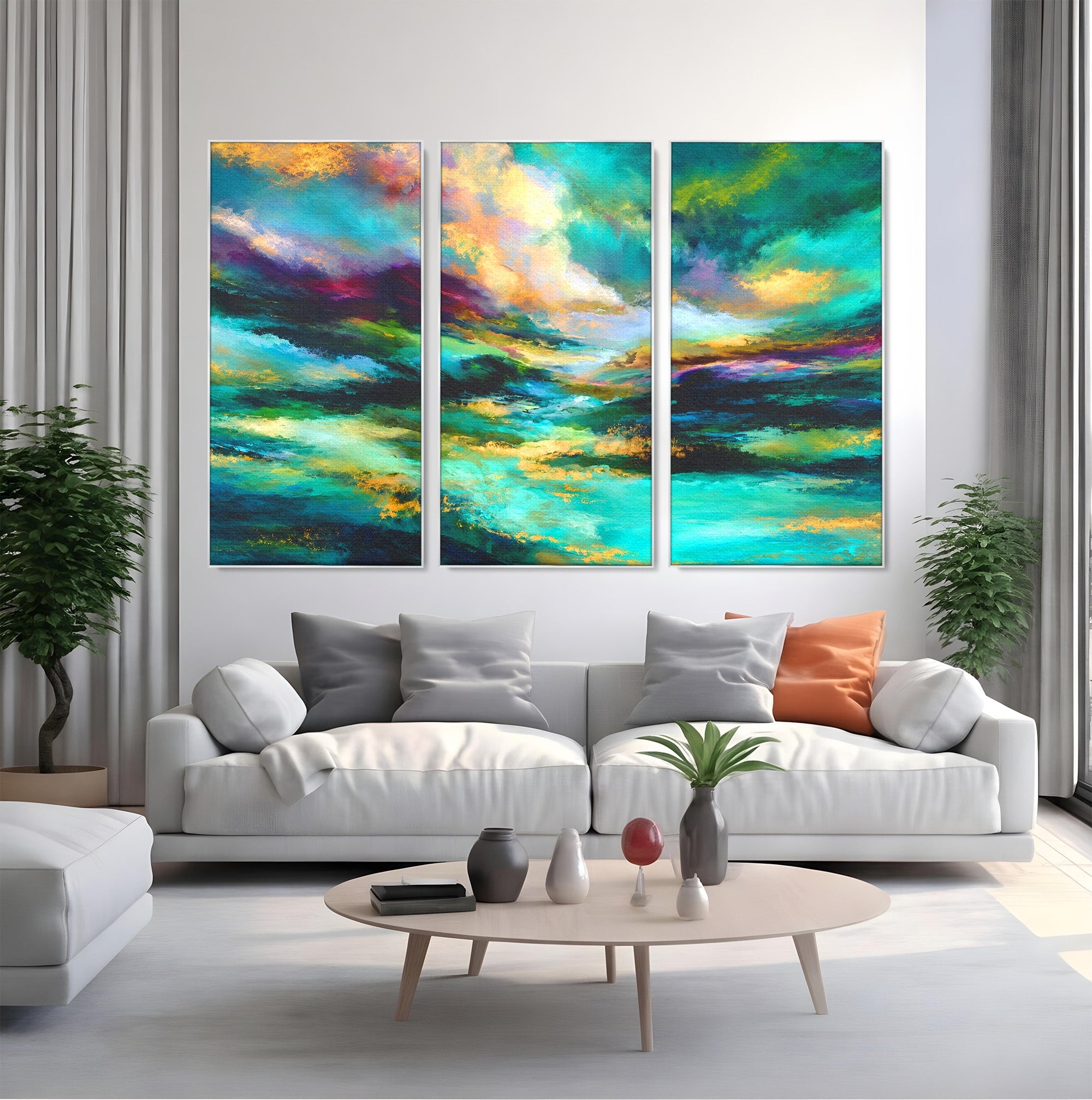 Set 3 Tablouri Canvas Premium LuxCanva® C3-1354, Peisaj Montan Abstract, Peisaj, Abstract, Natura, Montan, Living, Culori Vibrante