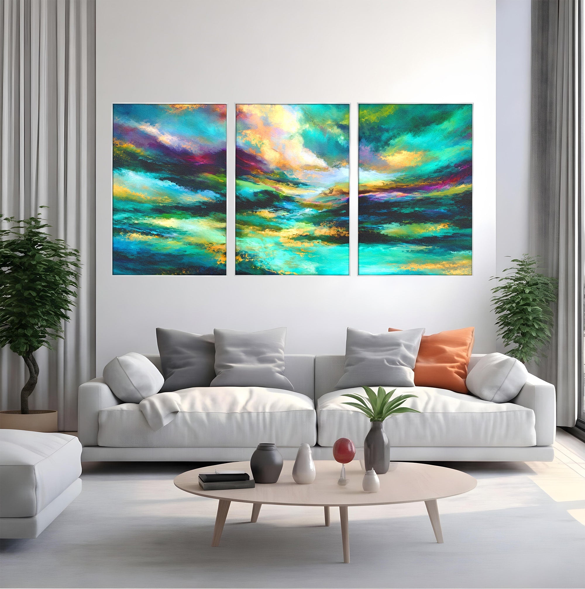 Set 3 Tablouri Canvas Premium LuxCanva® C3-1354, Peisaj Montan Abstract, Peisaj, Abstract, Natura, Montan, Living, Culori Vibrante