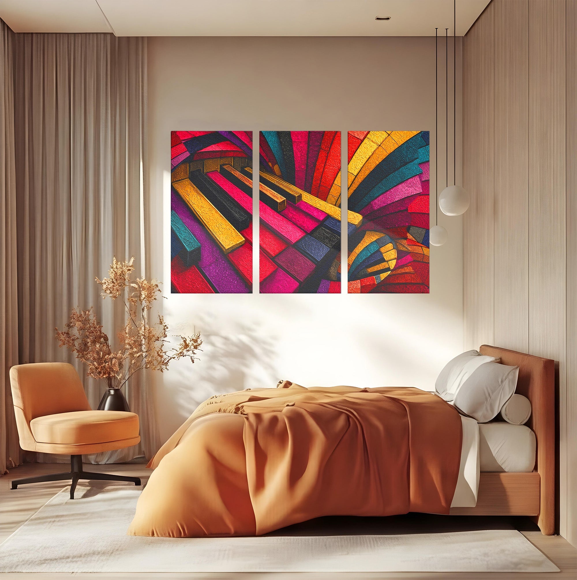 Set 3 Tablouri Canvas Premium LuxCanva® C3-1361, Pian Abstract, Pian, Abstract, Arta, Colorat, Living, Culori Vibrante