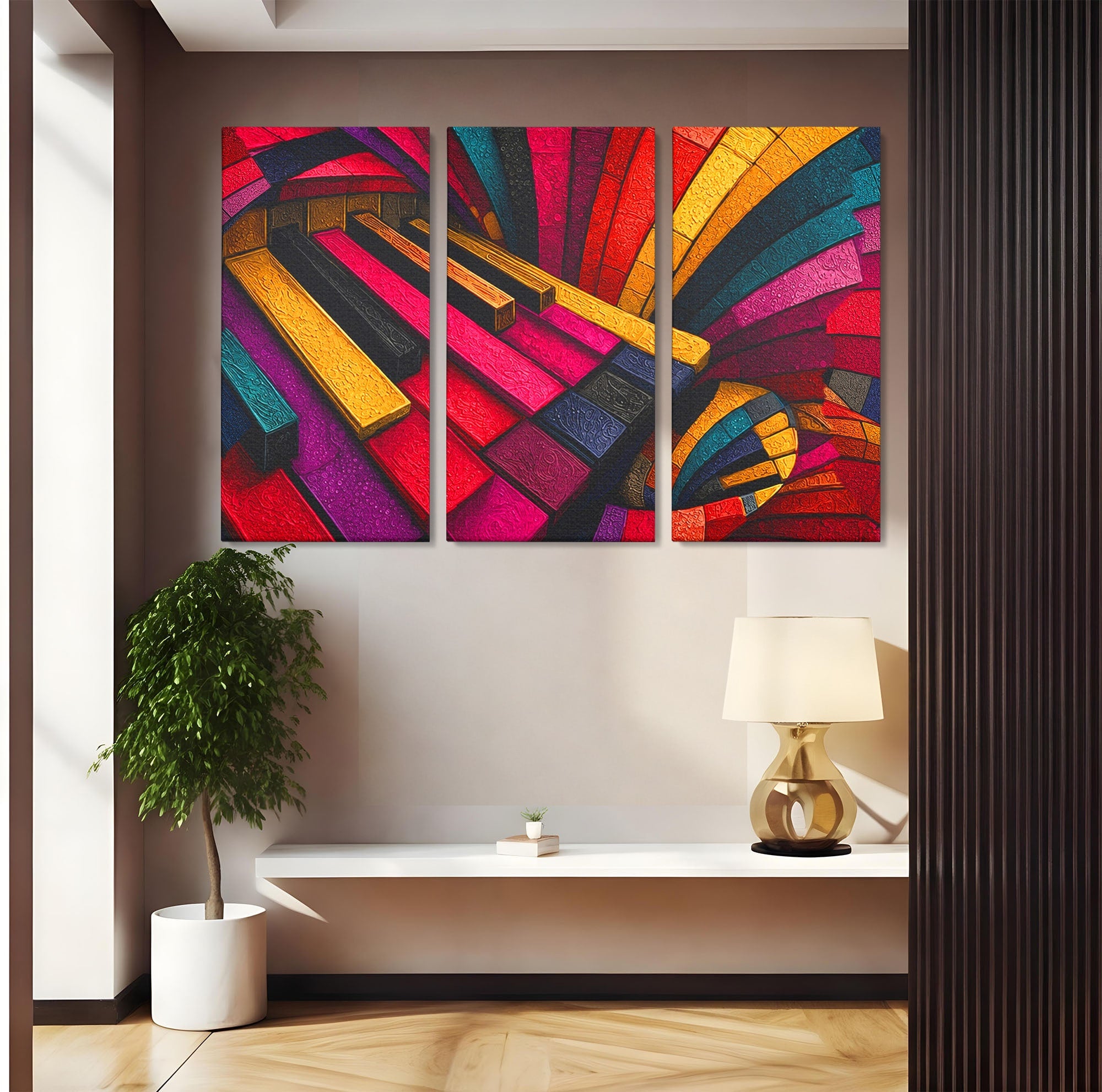 Set 3 Tablouri Canvas Premium LuxCanva® C3-1361, Pian Abstract, Pian, Abstract, Arta, Colorat, Living, Culori Vibrante
