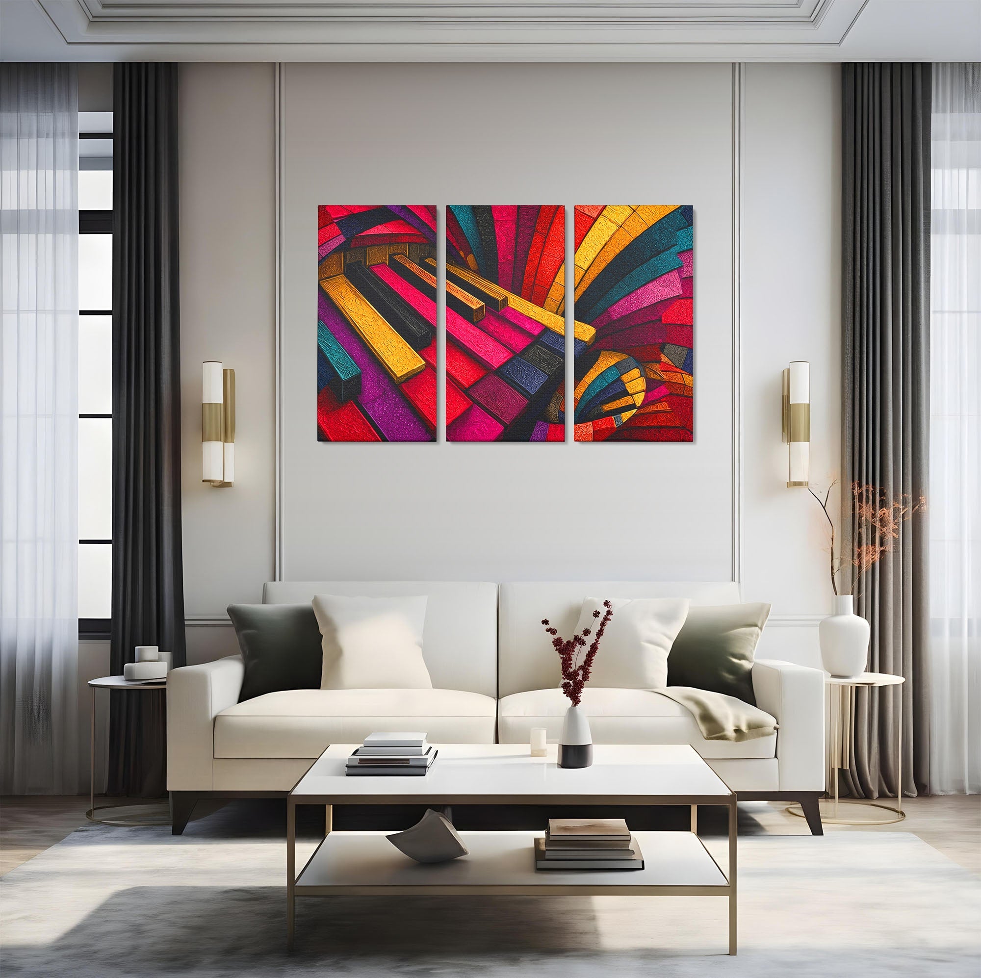 Set 3 Tablouri Canvas Premium LuxCanva® C3-1361, Pian Abstract, Pian, Abstract, Arta, Colorat, Living, Culori Vibrante