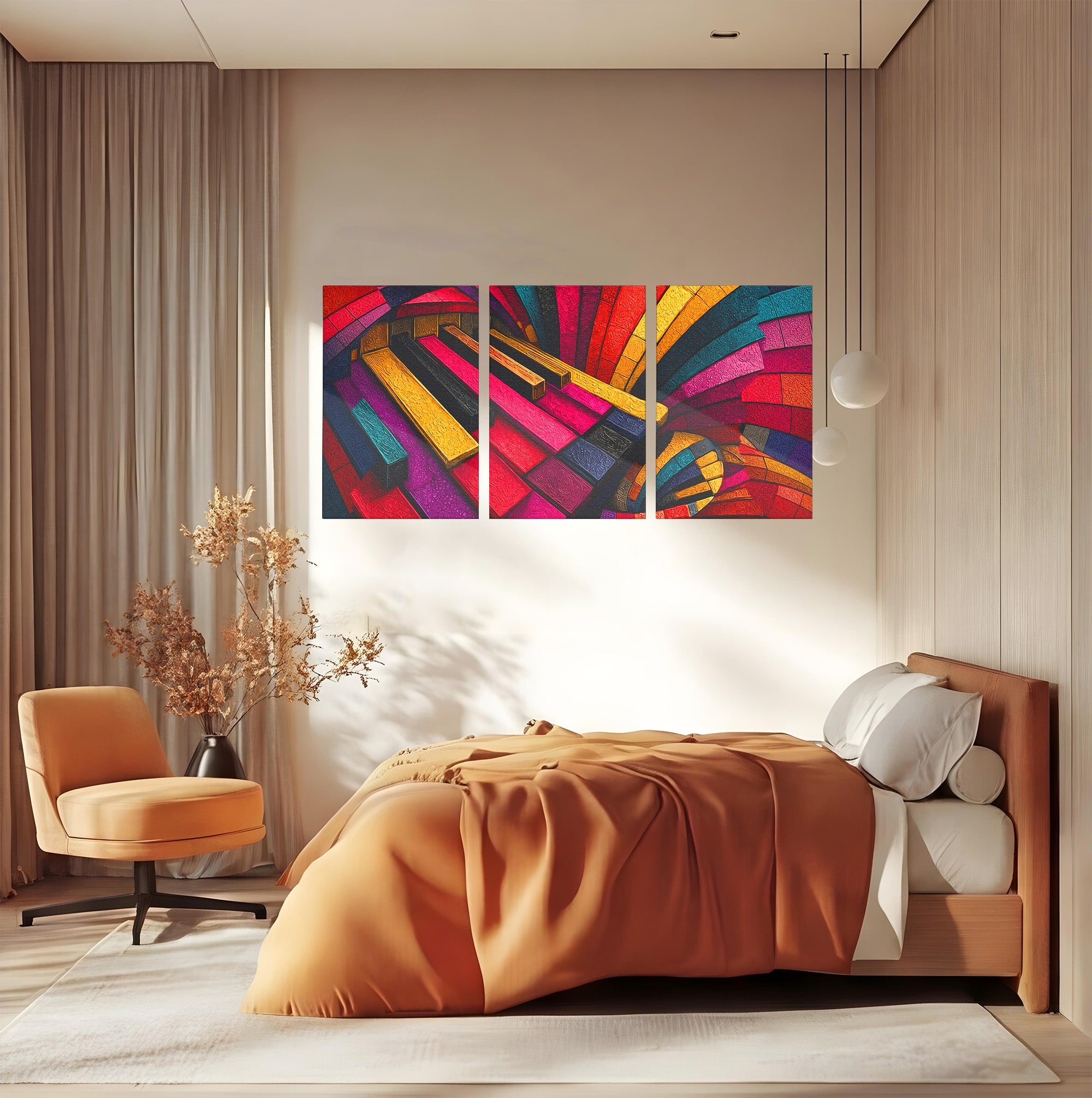 Set 3 Tablouri Canvas Premium LuxCanva® C3-1361, Pian Abstract, Pian, Abstract, Arta, Colorat, Living, Culori Vibrante