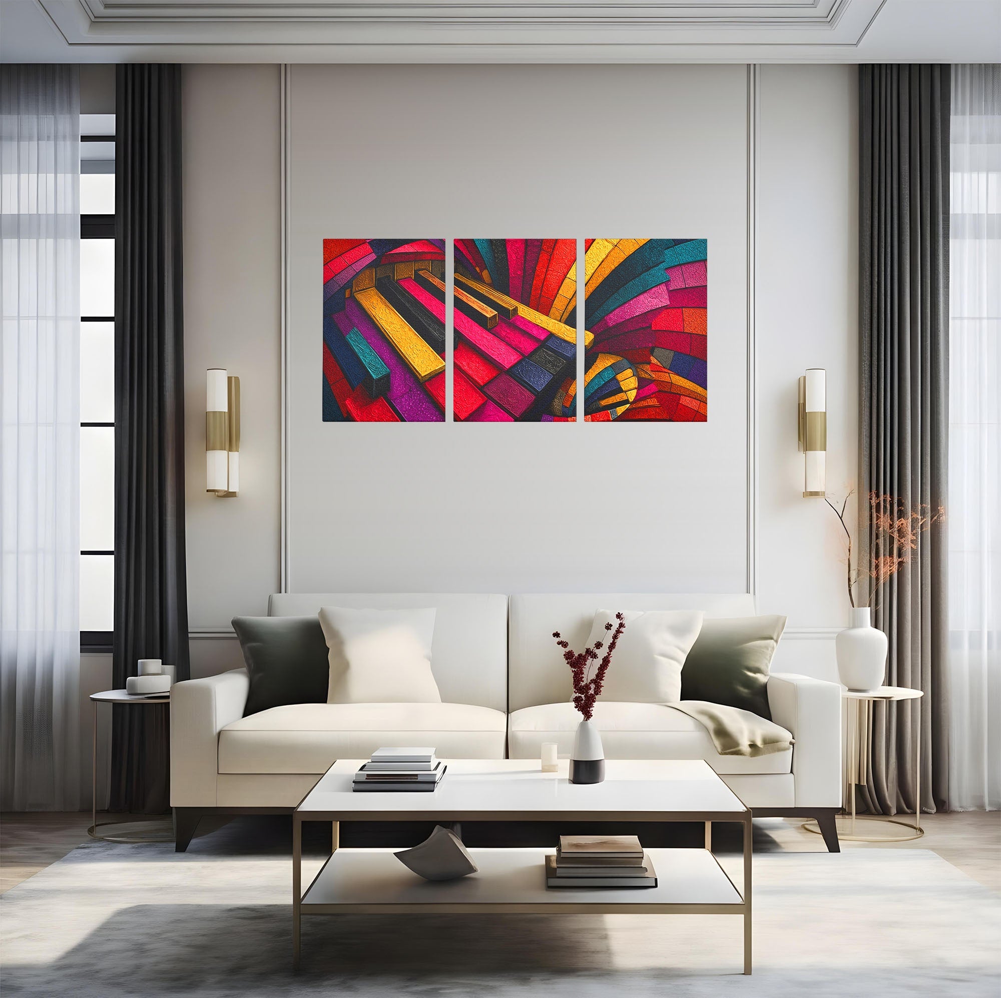 Set 3 Tablouri Canvas Premium LuxCanva® C3-1361, Pian Abstract, Pian, Abstract, Arta, Colorat, Living, Culori Vibrante
