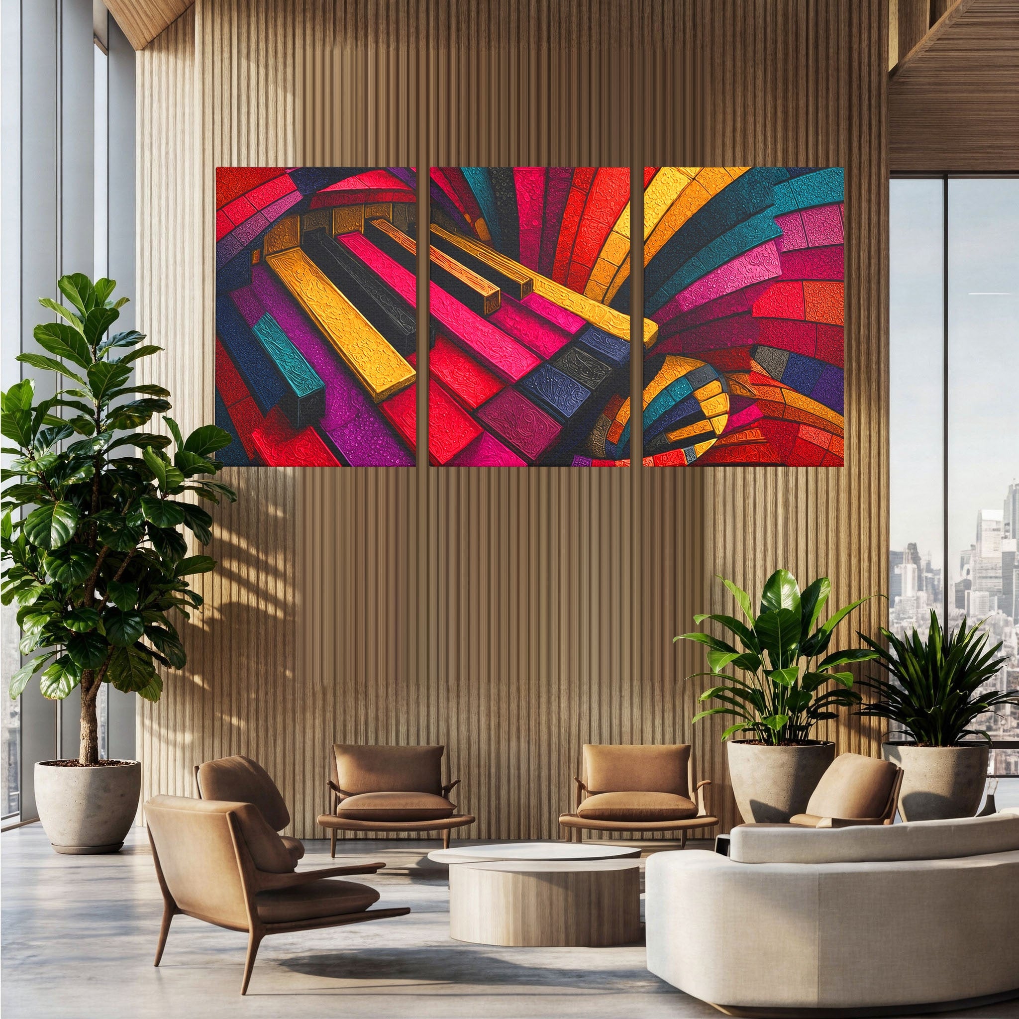 Set 3 Tablouri Canvas Premium LuxCanva® C3-1361, Pian Abstract, Pian, Abstract, Arta, Colorat, Living, Culori Vibrante