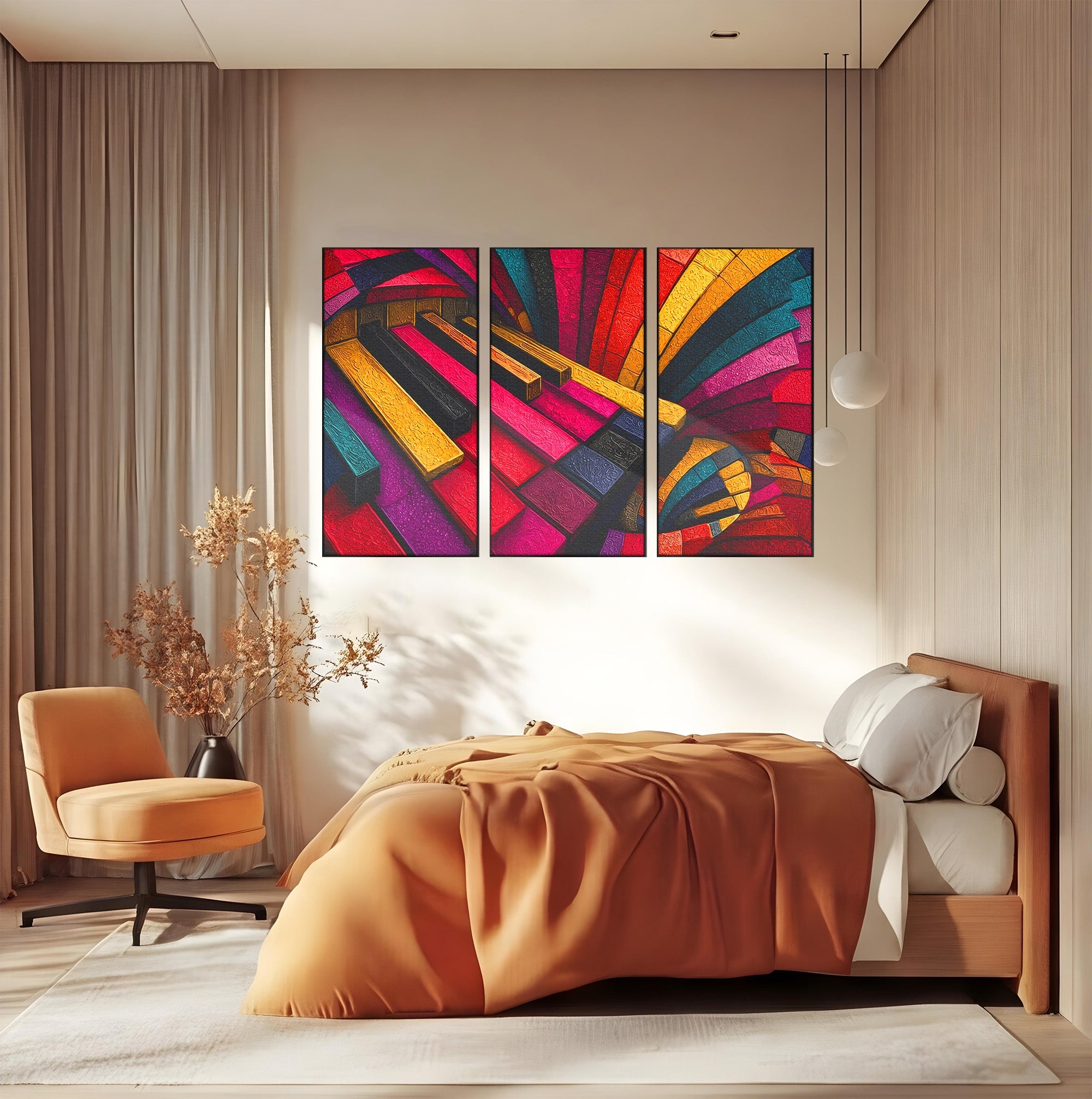 Set 3 Tablouri Canvas Premium LuxCanva® C3-1361, Pian Abstract, Pian, Abstract, Arta, Colorat, Living, Culori Vibrante