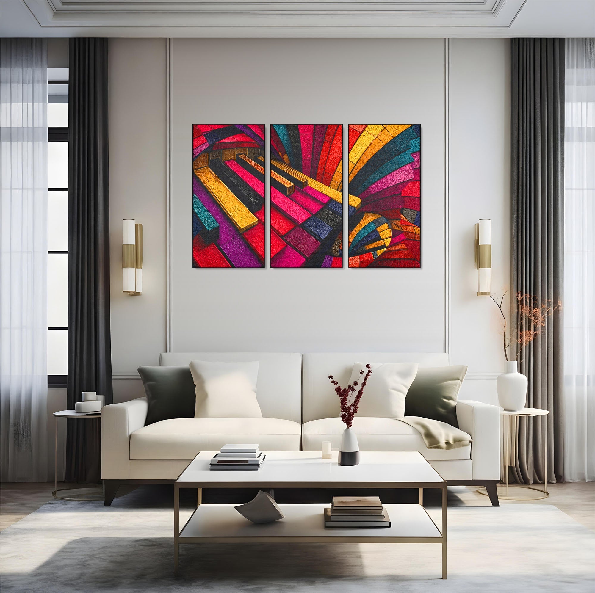 Set 3 Tablouri Canvas Premium LuxCanva® C3-1361, Pian Abstract, Pian, Abstract, Arta, Colorat, Living, Culori Vibrante