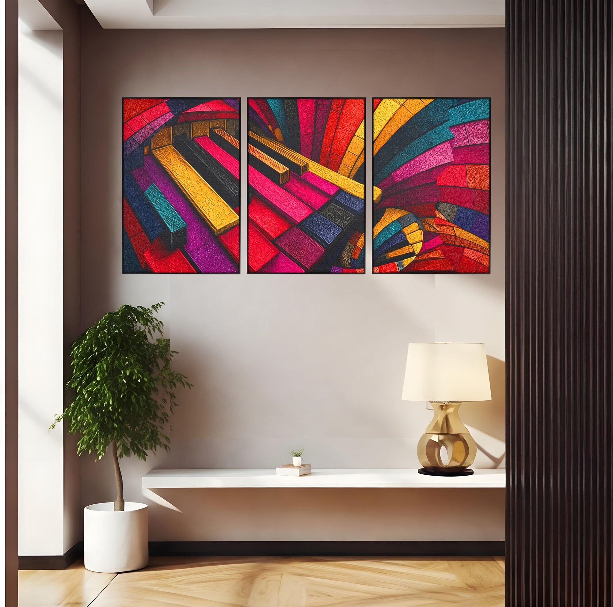 Set 3 Tablouri Canvas Premium LuxCanva® C3-1361, Pian Abstract, Pian, Abstract, Arta, Colorat, Living, Culori Vibrante