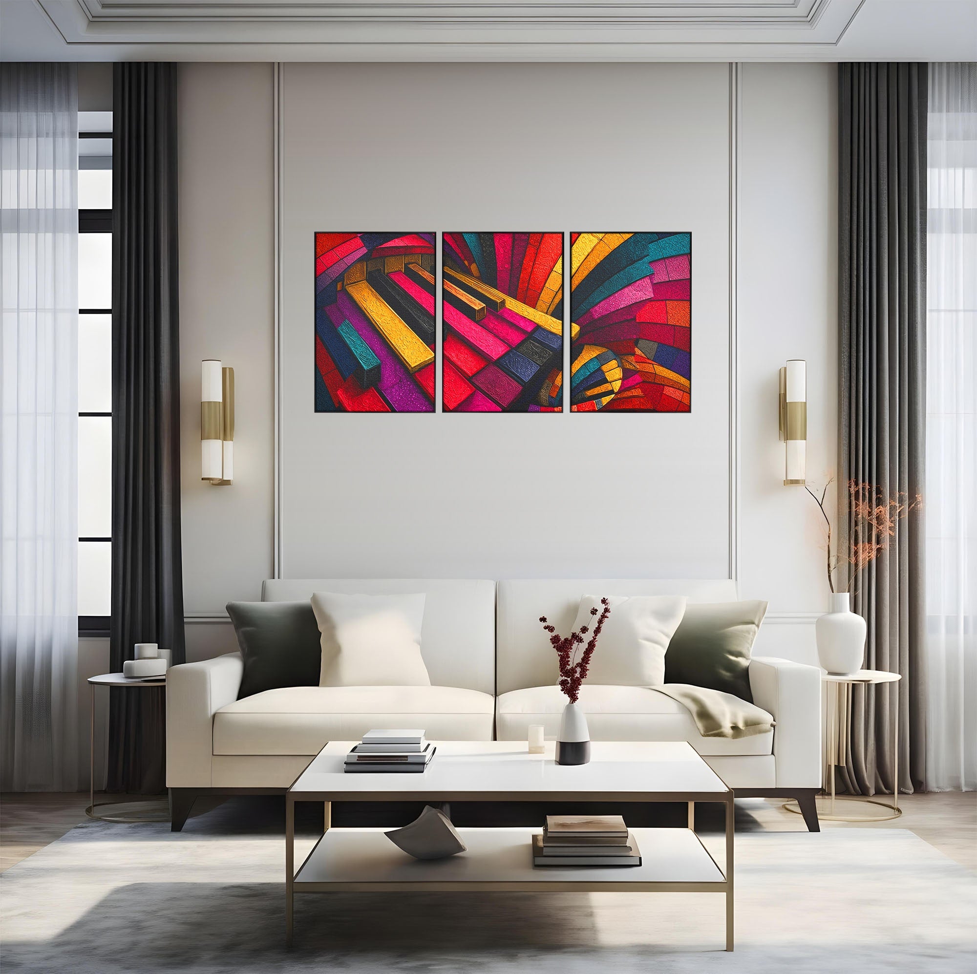 Set 3 Tablouri Canvas Premium LuxCanva® C3-1361, Pian Abstract, Pian, Abstract, Arta, Colorat, Living, Culori Vibrante
