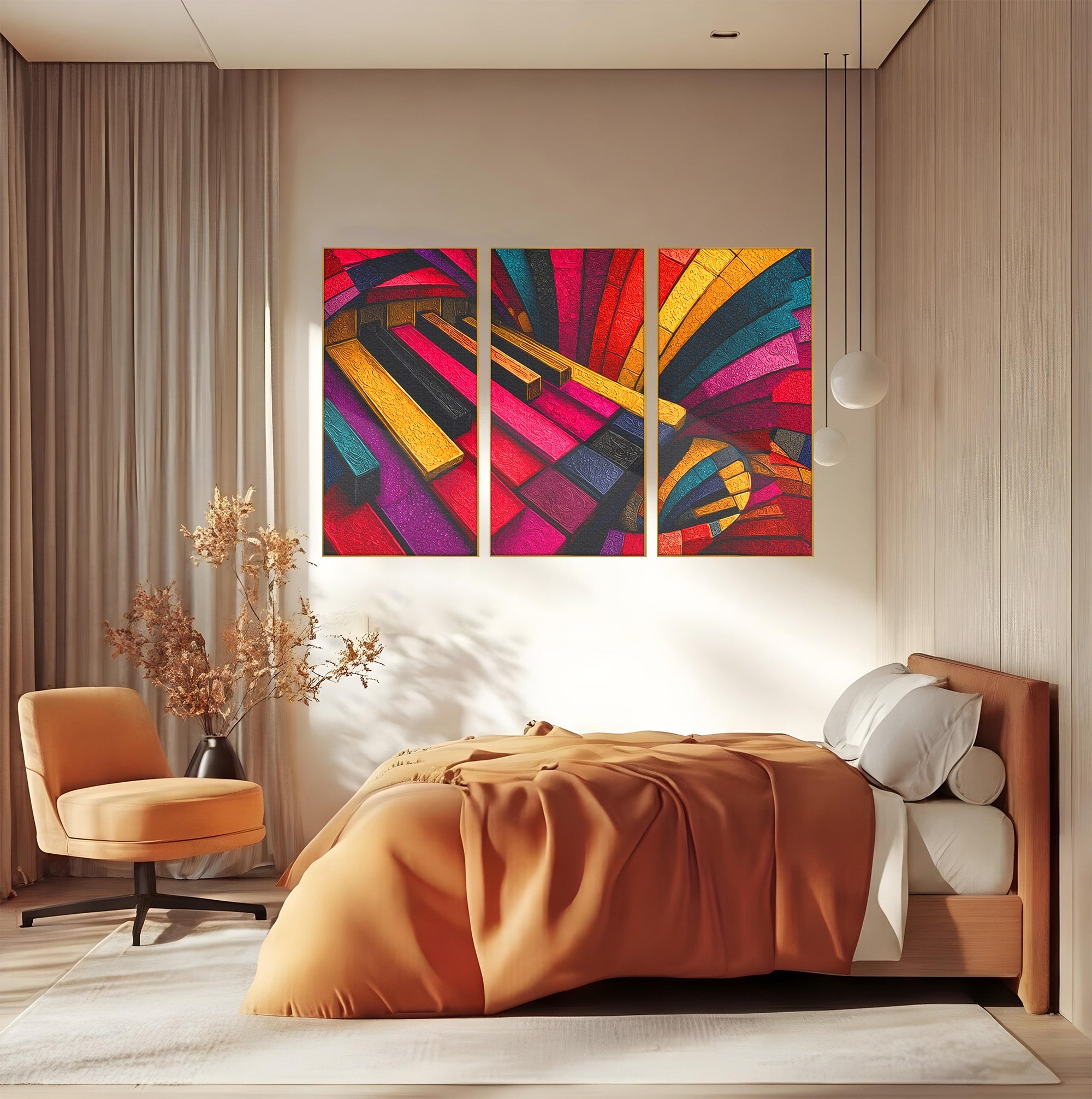 Set 3 Tablouri Canvas Premium LuxCanva® C3-1361, Pian Abstract, Pian, Abstract, Arta, Colorat, Living, Culori Vibrante