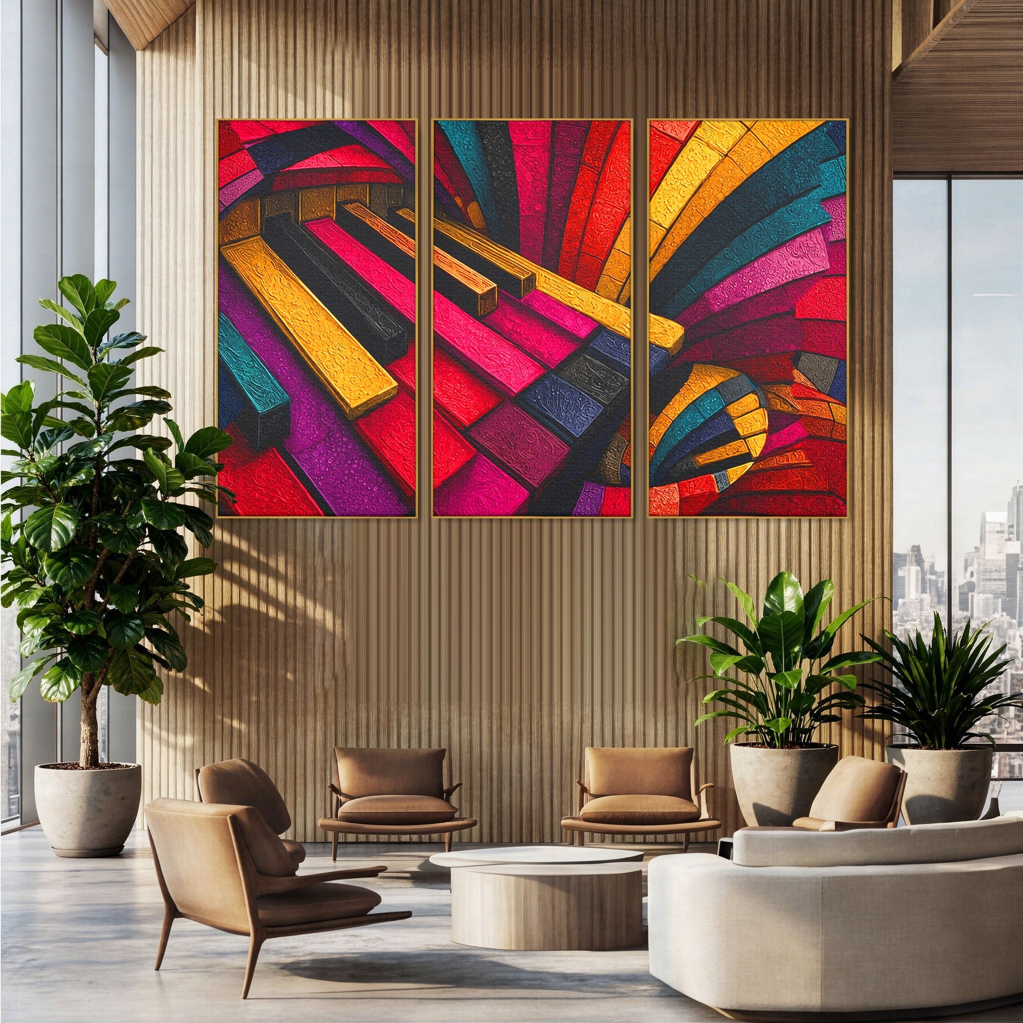 Set 3 Tablouri Canvas Premium LuxCanva® C3-1361, Pian Abstract, Pian, Abstract, Arta, Colorat, Living, Culori Vibrante