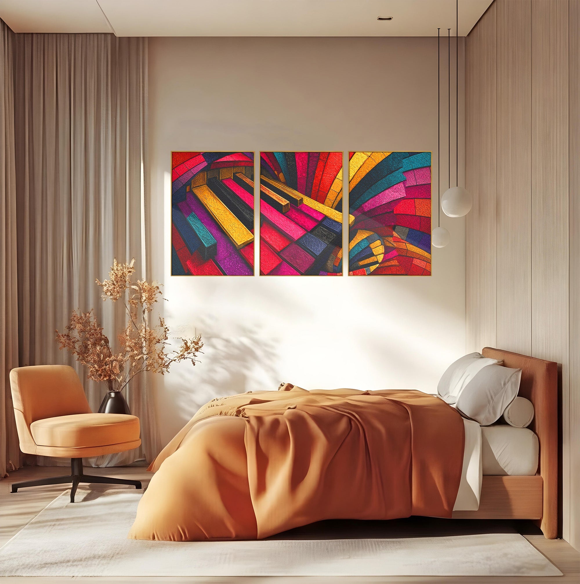 Set 3 Tablouri Canvas Premium LuxCanva® C3-1361, Pian Abstract, Pian, Abstract, Arta, Colorat, Living, Culori Vibrante