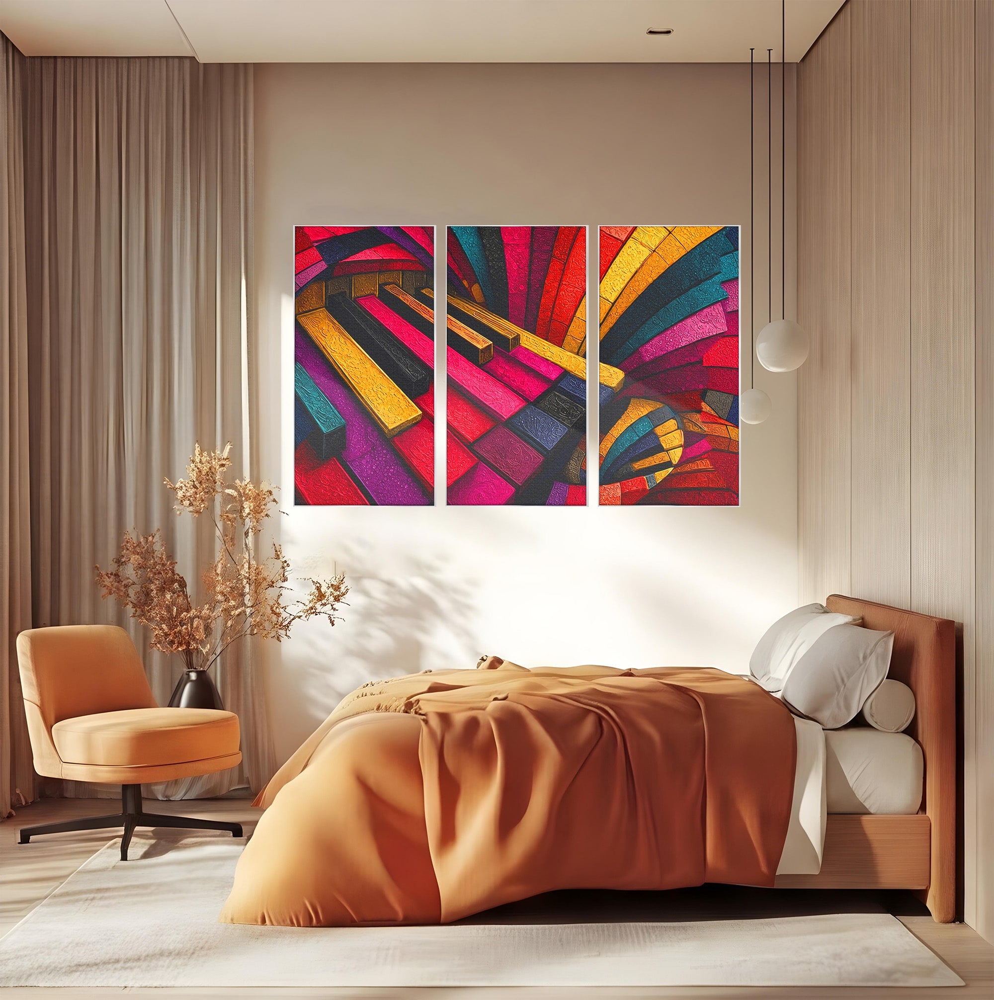 Set 3 Tablouri Canvas Premium LuxCanva® C3-1361, Pian Abstract, Pian, Abstract, Arta, Colorat, Living, Culori Vibrante