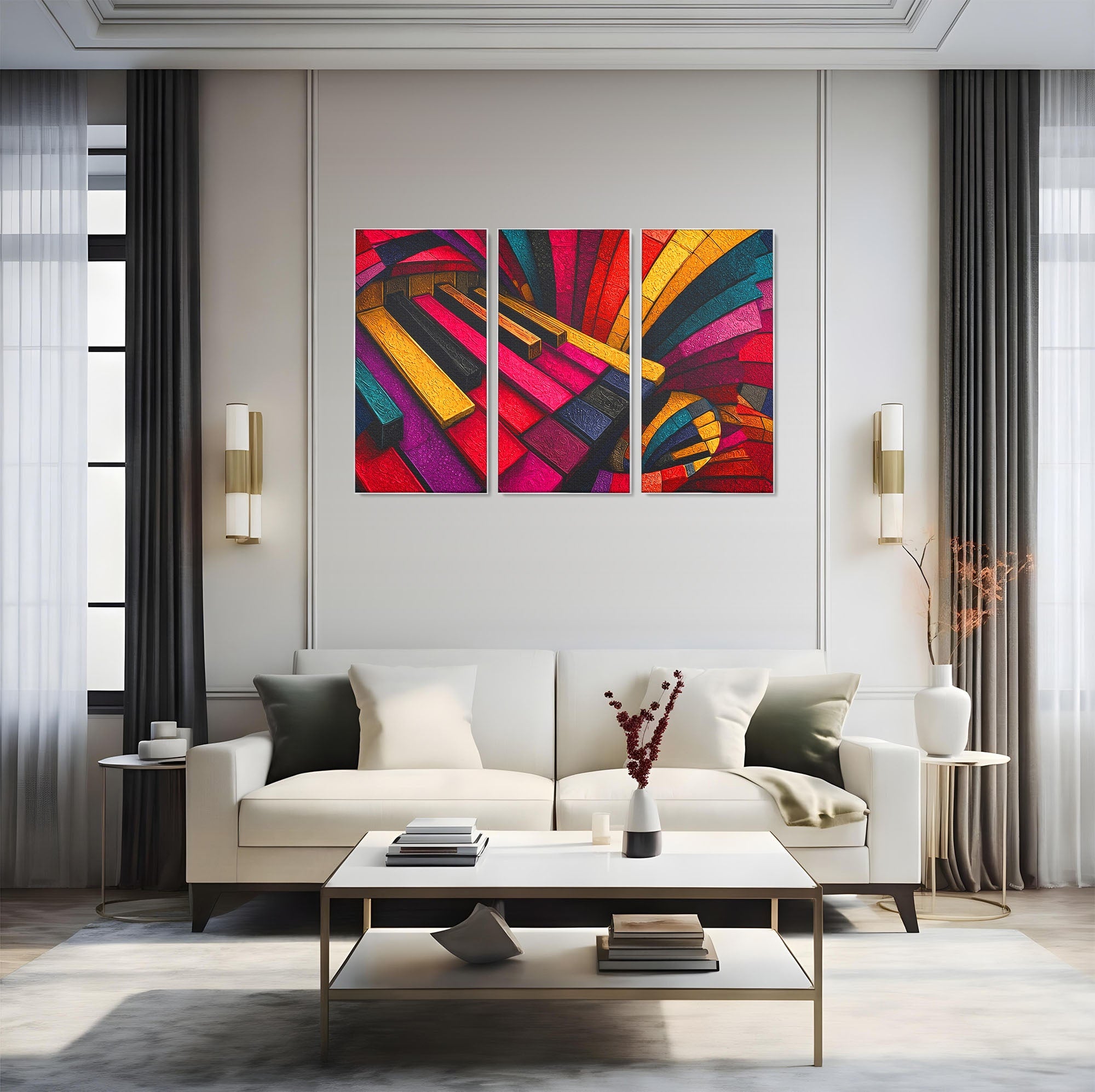 Set 3 Tablouri Canvas Premium LuxCanva® C3-1361, Pian Abstract, Pian, Abstract, Arta, Colorat, Living, Culori Vibrante