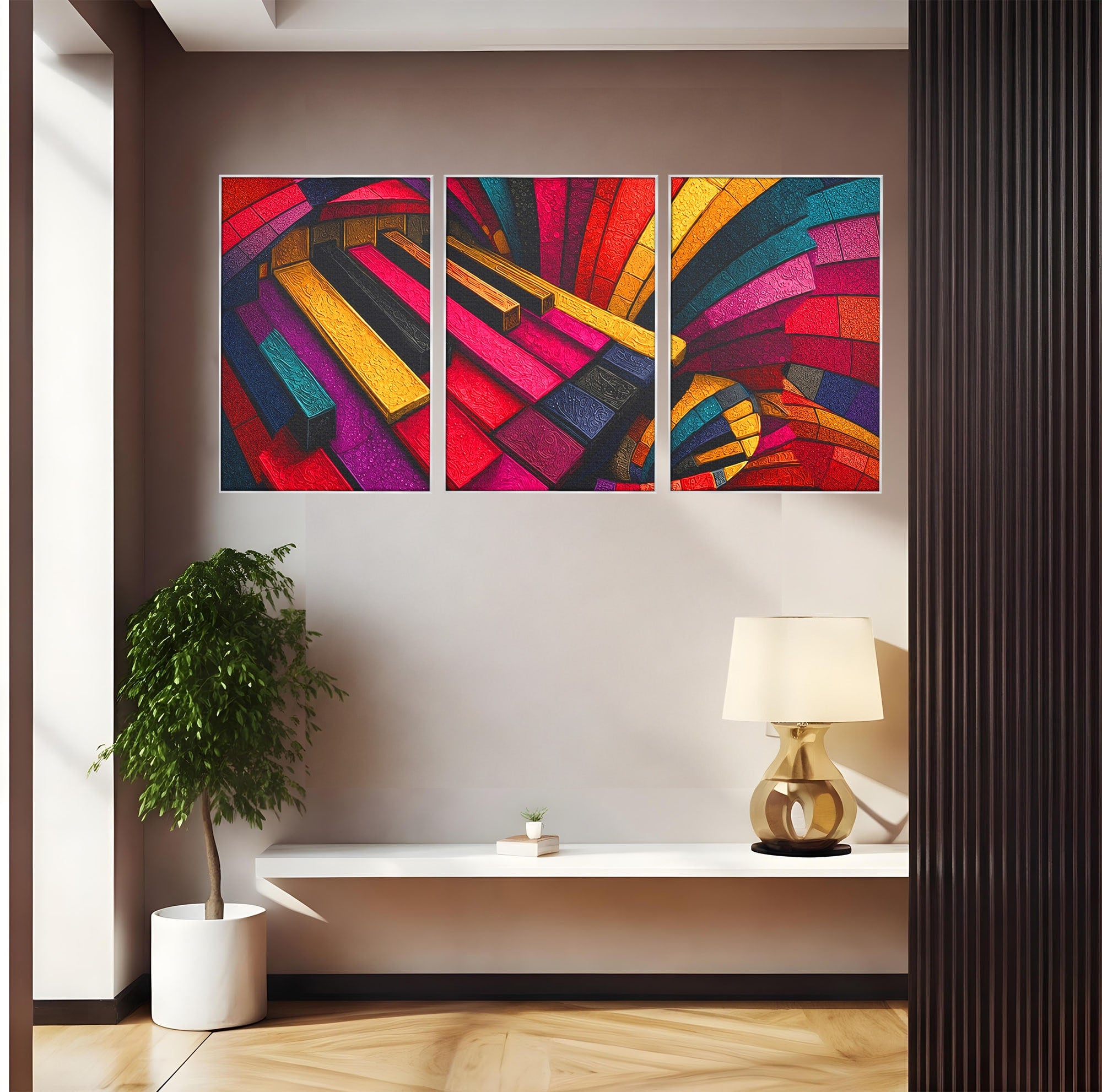 Set 3 Tablouri Canvas Premium LuxCanva® C3-1361, Pian Abstract, Pian, Abstract, Arta, Colorat, Living, Culori Vibrante
