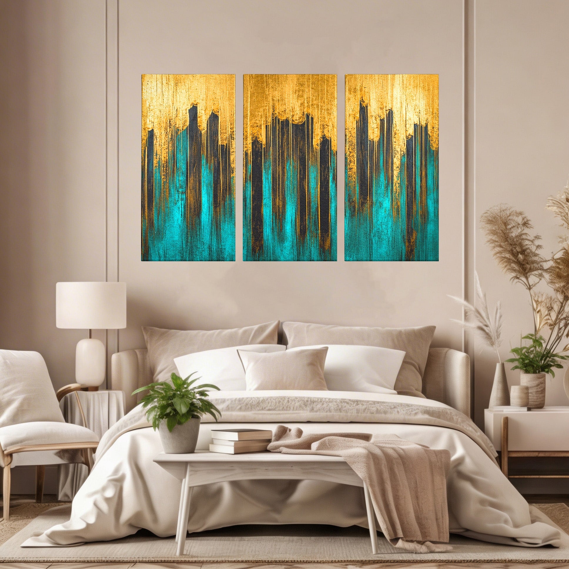 Set 3 Tablouri Canvas Premium LuxCanva® C3-1393, Orasul Aurit, Oras, Abstract, Modern, Lux, Birou, Culori Vibrante