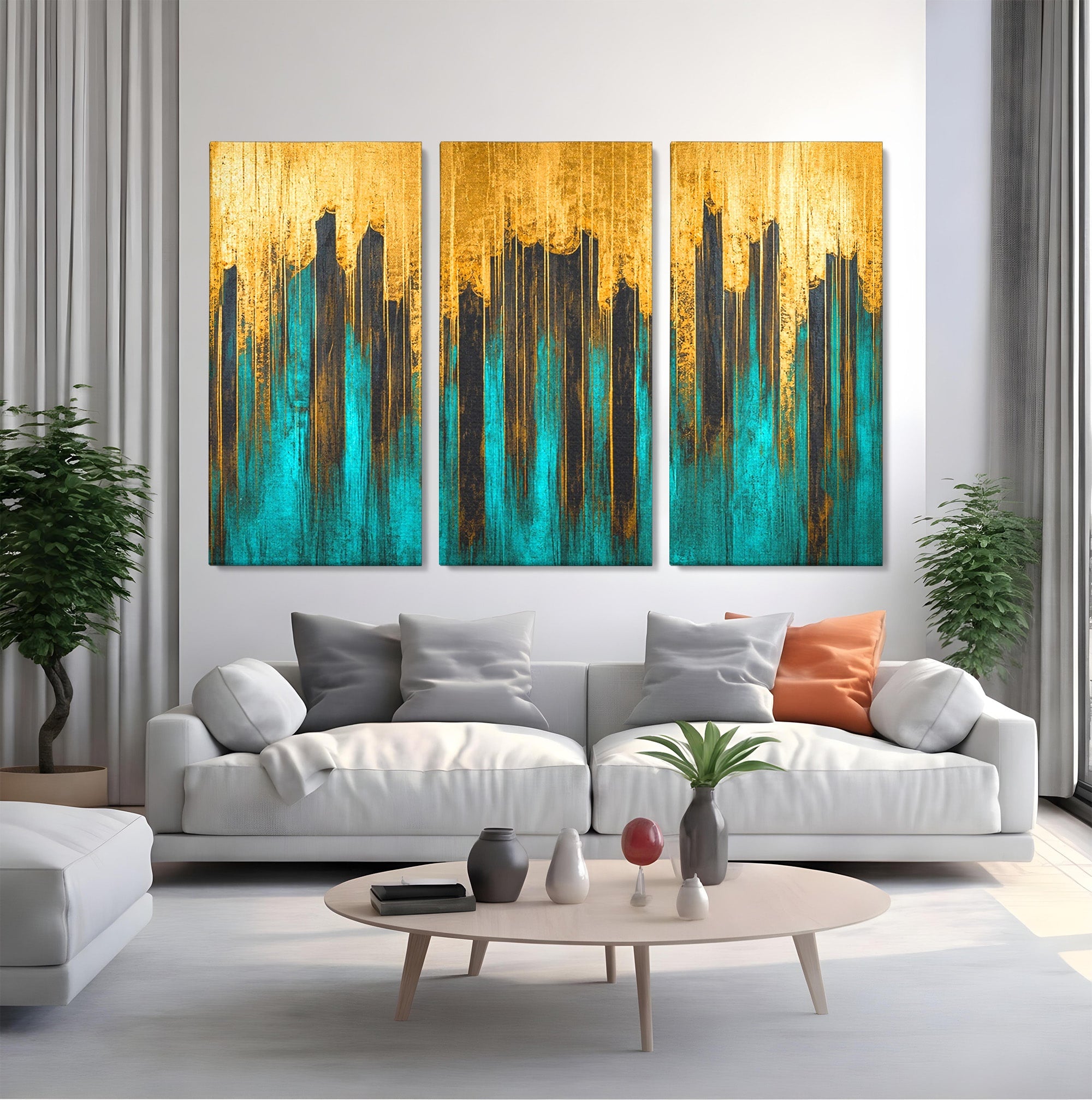 Set 3 Tablouri Canvas Premium LuxCanva® C3-1393, Orasul Aurit, Oras, Abstract, Modern, Lux, Birou, Culori Vibrante
