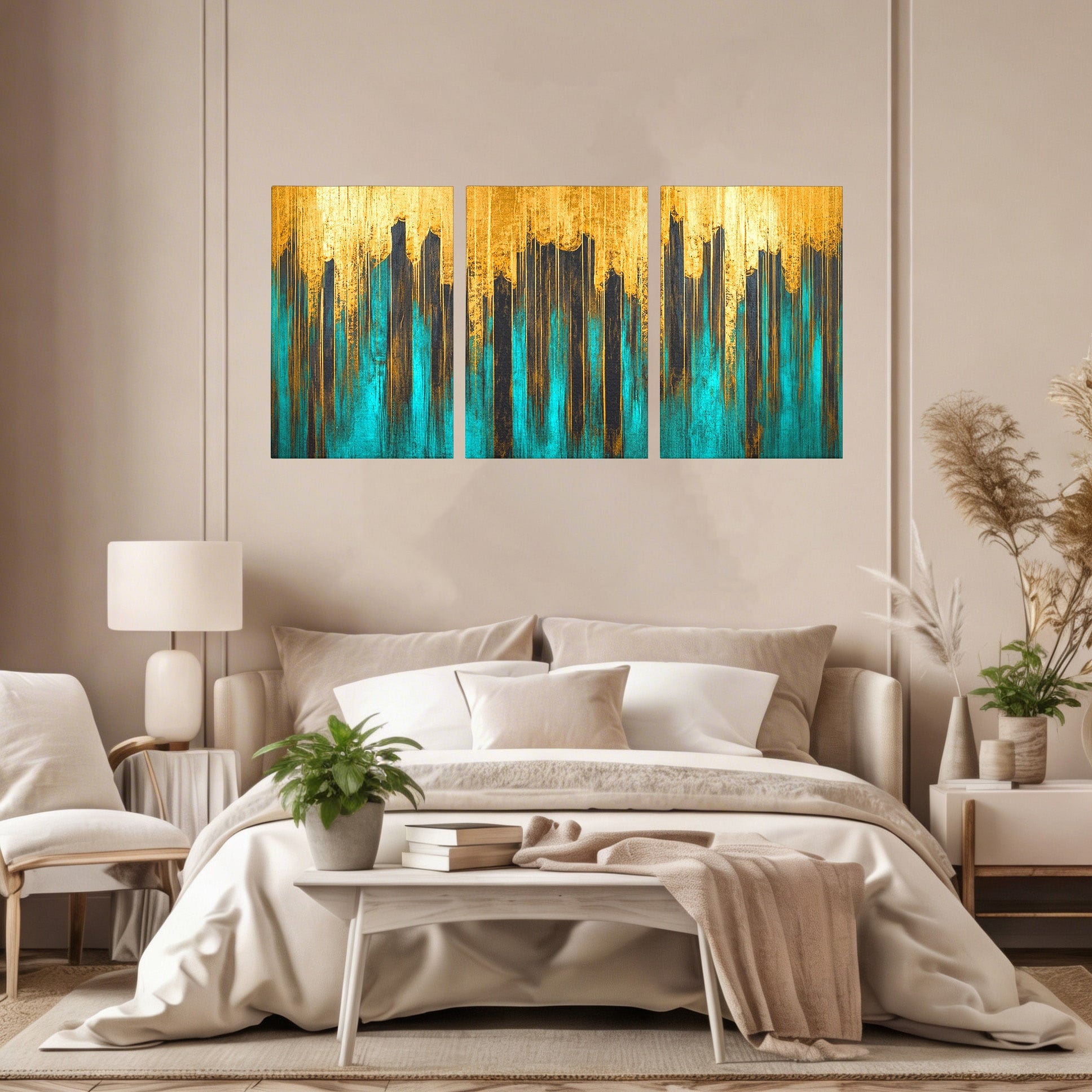 Set 3 Tablouri Canvas Premium LuxCanva® C3-1393, Orasul Aurit, Oras, Abstract, Modern, Lux, Birou, Culori Vibrante