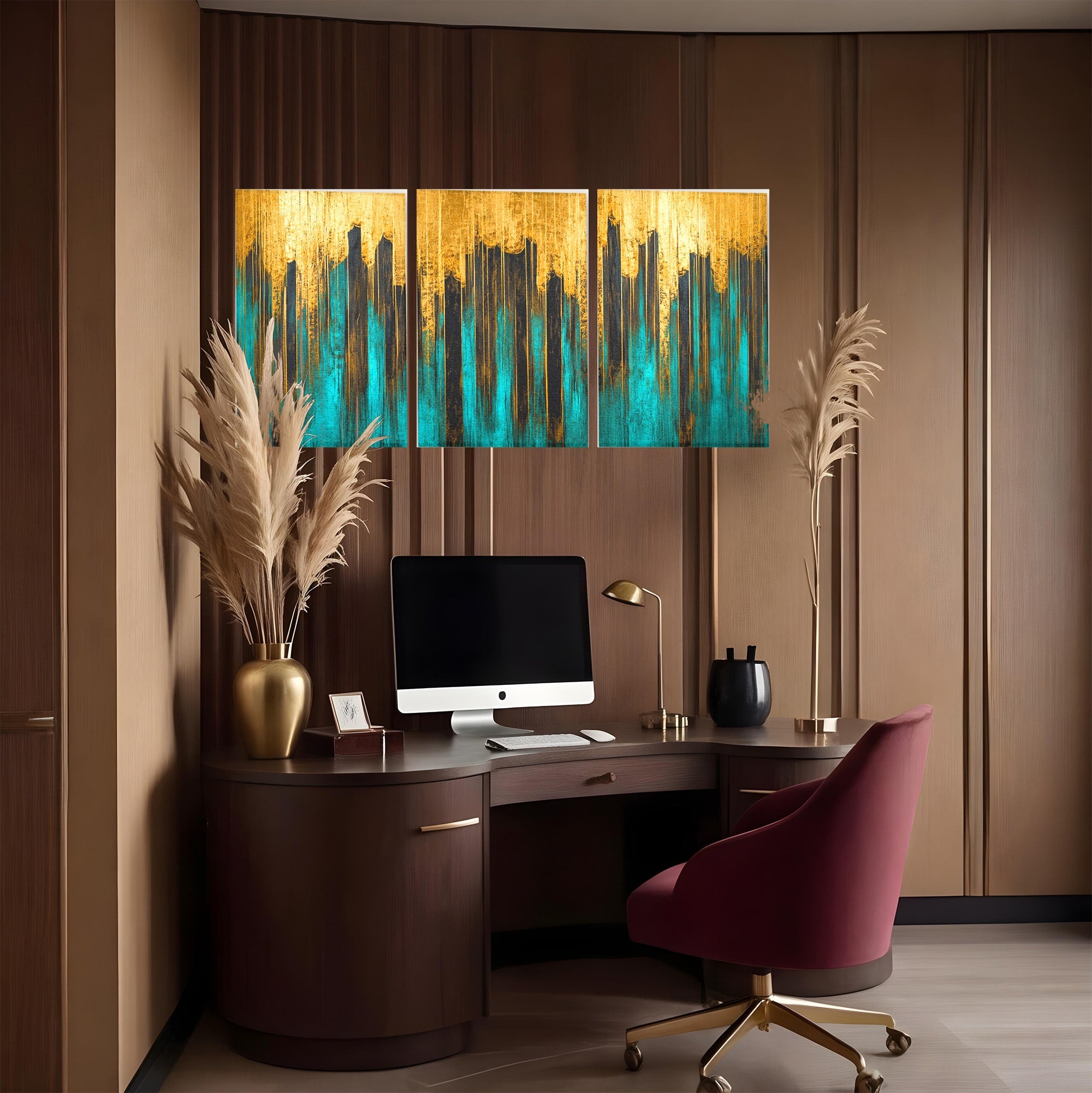 Set 3 Tablouri Canvas Premium LuxCanva® C3-1393, Orasul Aurit, Oras, Abstract, Modern, Lux, Birou, Culori Vibrante