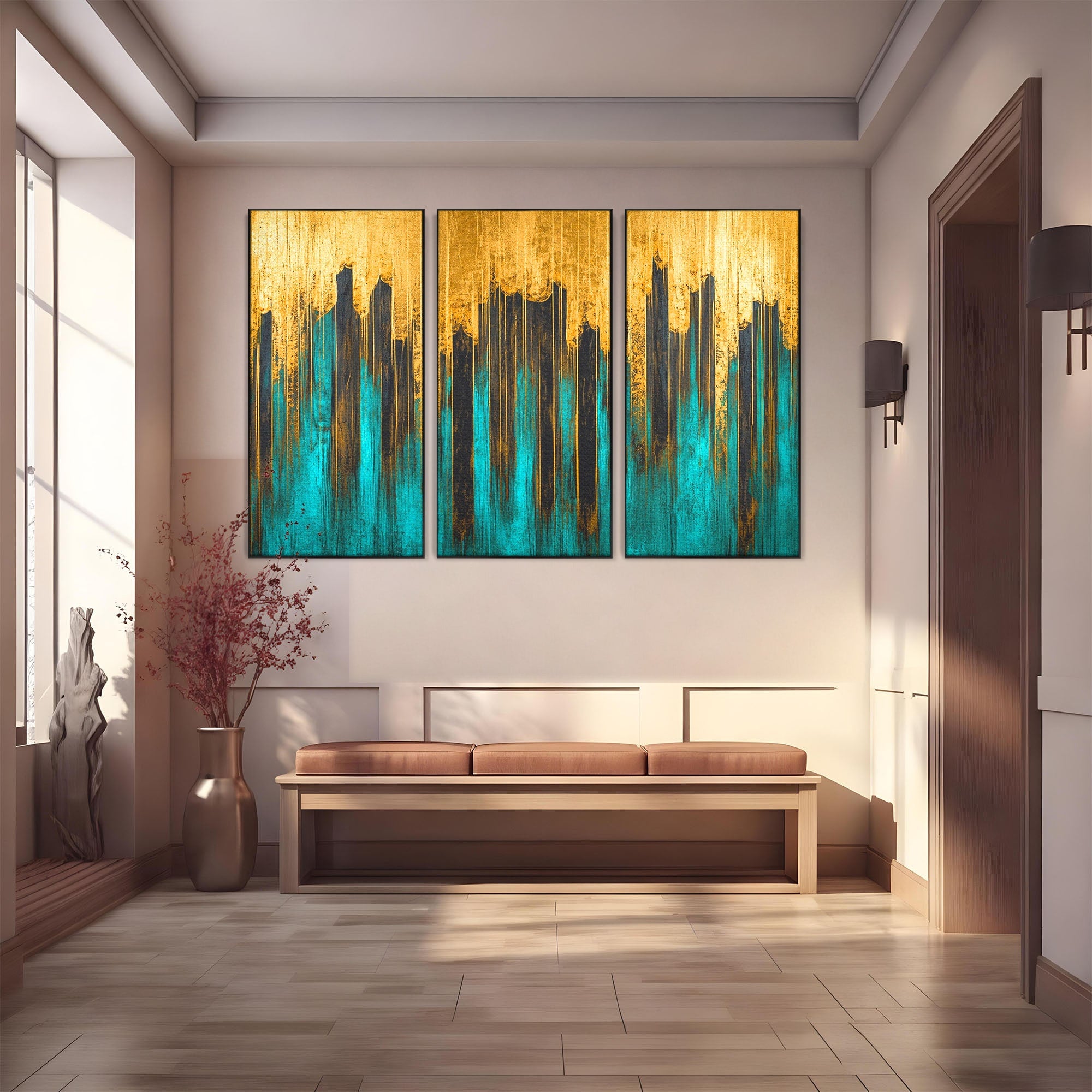 Set 3 Tablouri Canvas Premium LuxCanva® C3-1393, Orasul Aurit, Oras, Abstract, Modern, Lux, Birou, Culori Vibrante