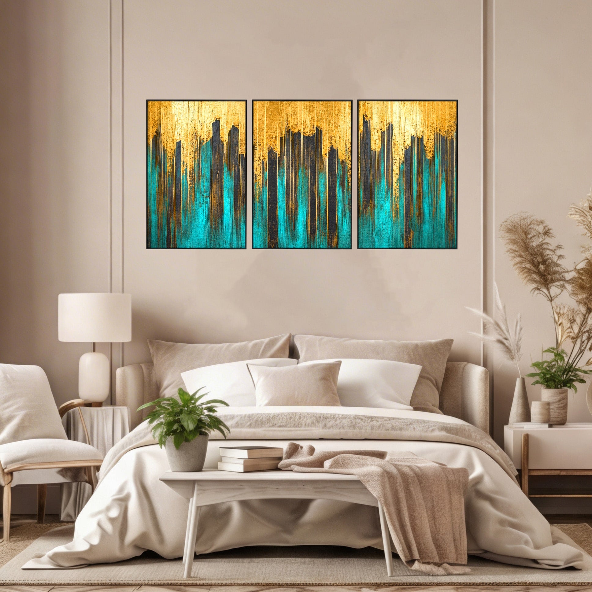 Set 3 Tablouri Canvas Premium LuxCanva® C3-1393, Orasul Aurit, Oras, Abstract, Modern, Lux, Birou, Culori Vibrante