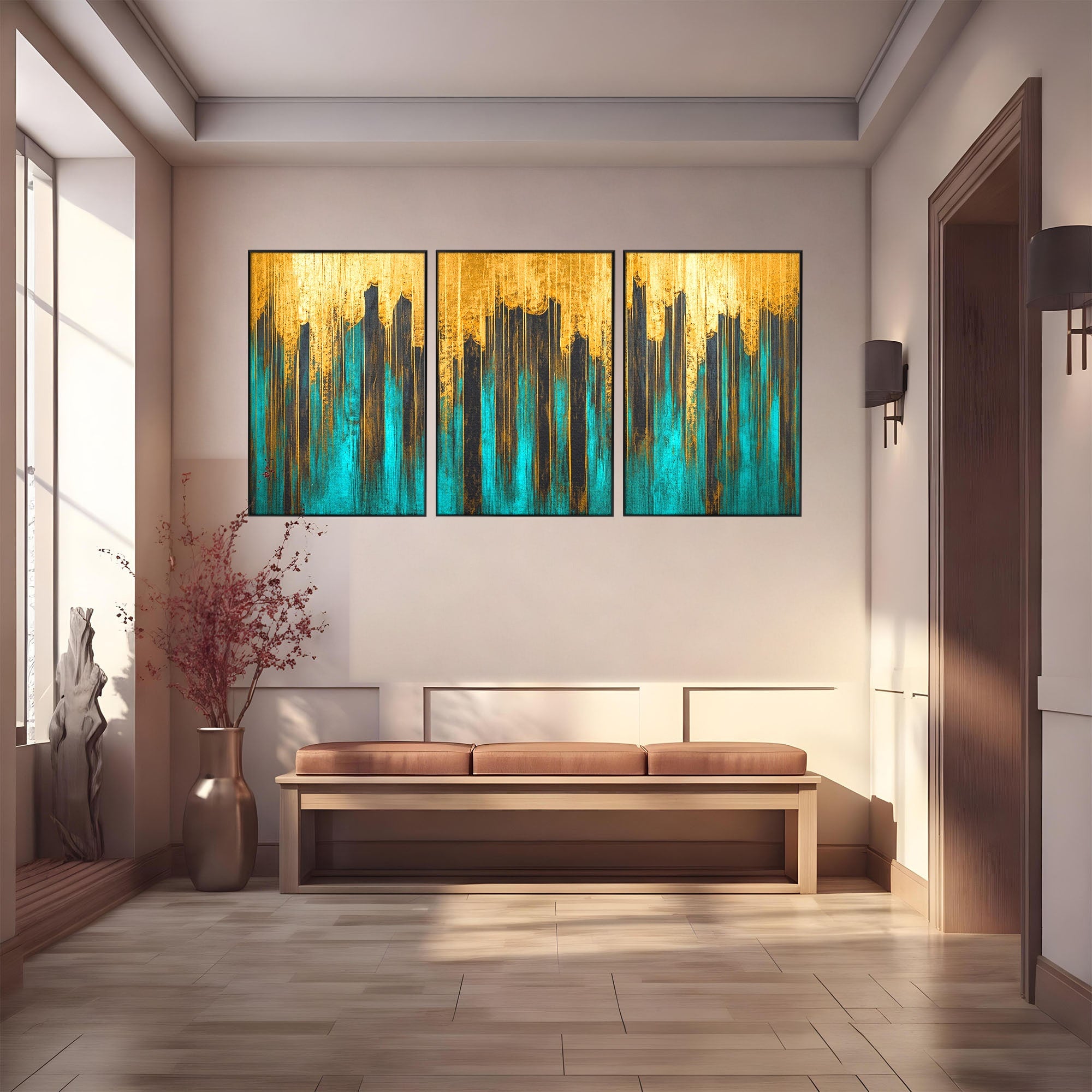 Set 3 Tablouri Canvas Premium LuxCanva® C3-1393, Orasul Aurit, Oras, Abstract, Modern, Lux, Birou, Culori Vibrante