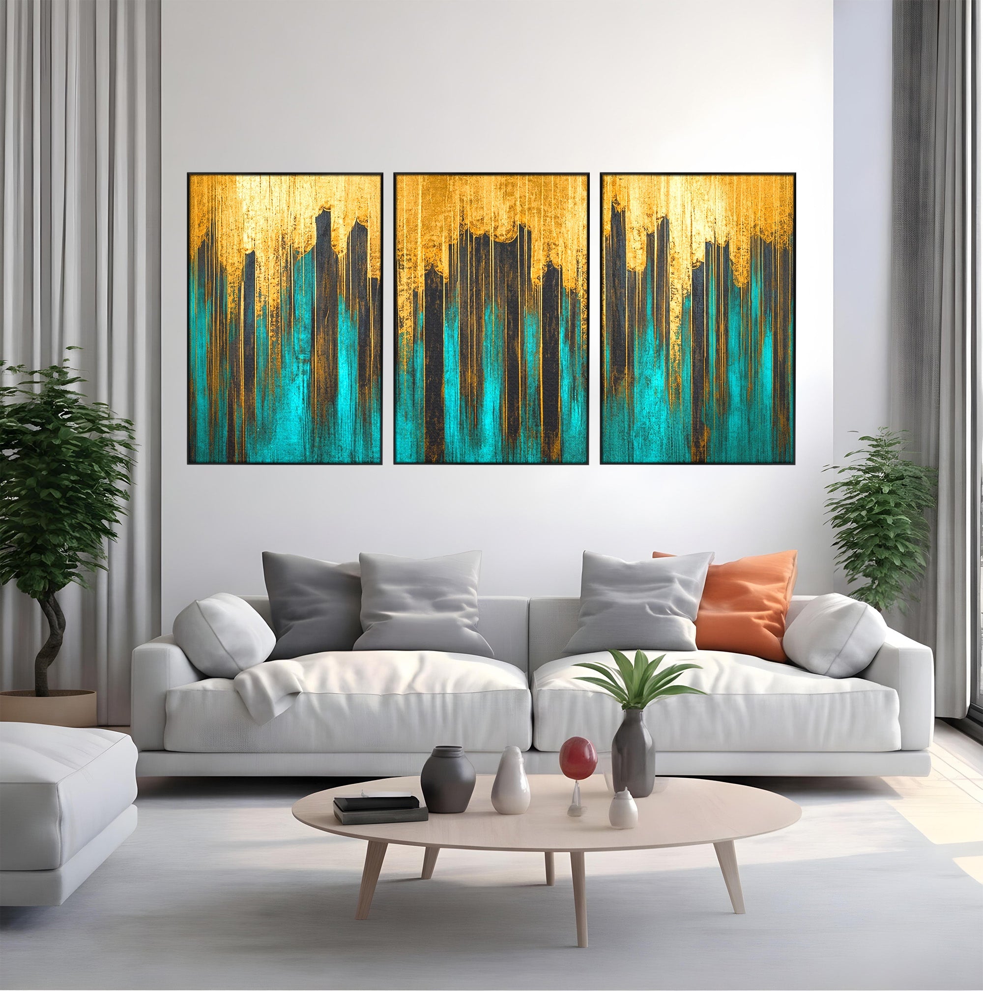 Set 3 Tablouri Canvas Premium LuxCanva® C3-1393, Orasul Aurit, Oras, Abstract, Modern, Lux, Birou, Culori Vibrante