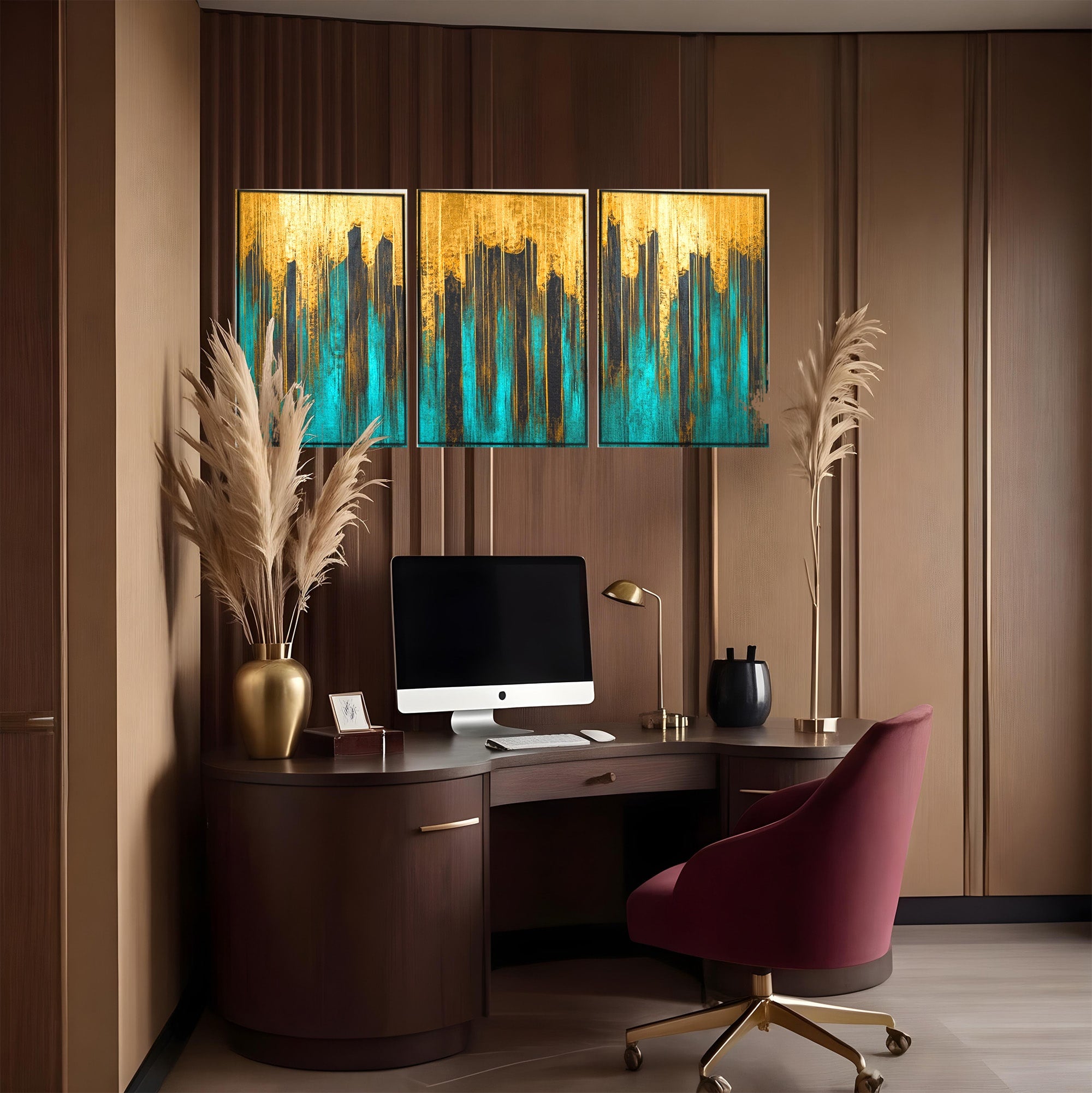 Set 3 Tablouri Canvas Premium LuxCanva® C3-1393, Orasul Aurit, Oras, Abstract, Modern, Lux, Birou, Culori Vibrante