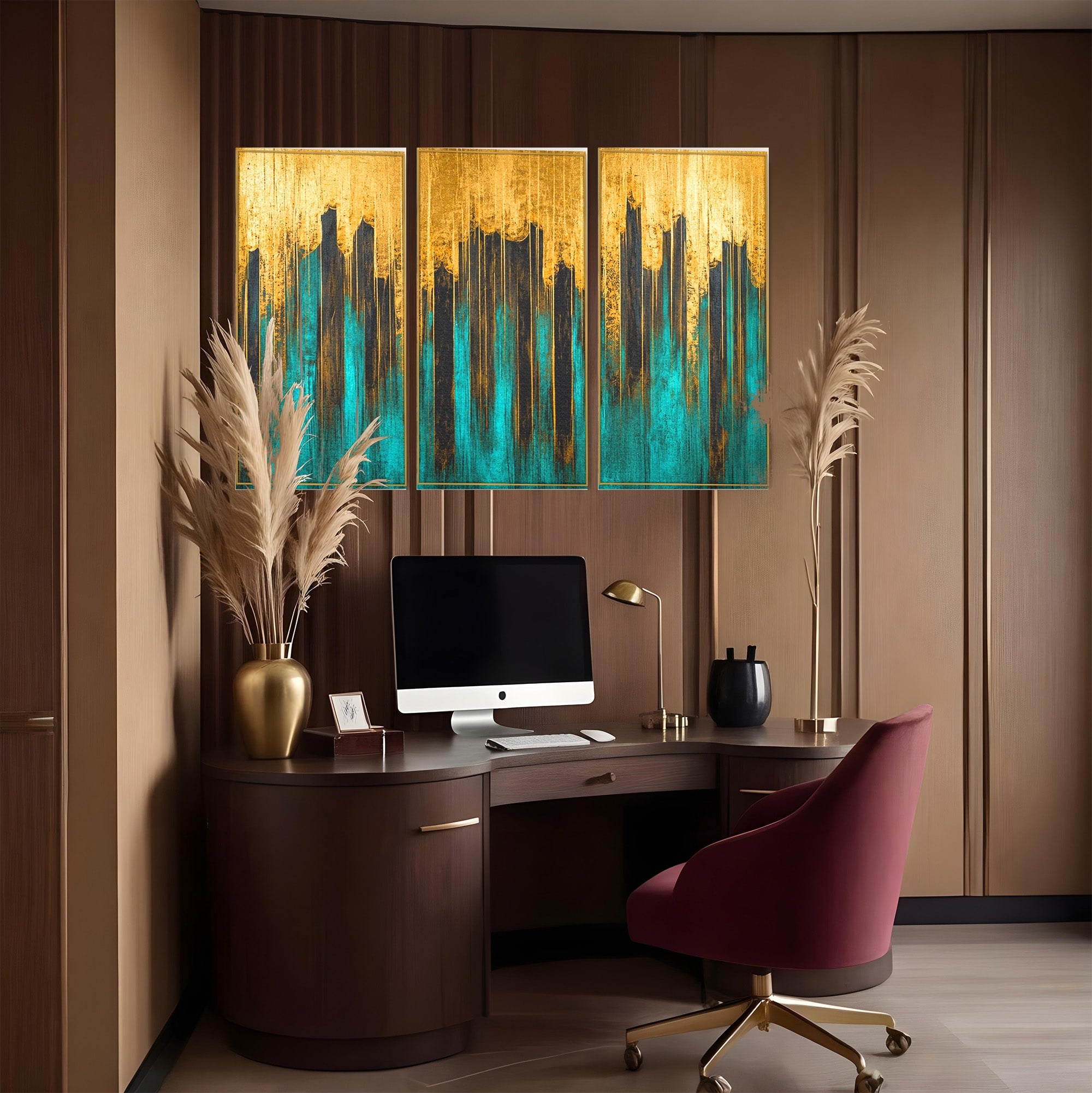 Set 3 Tablouri Canvas Premium LuxCanva® C3-1393, Orasul Aurit, Oras, Abstract, Modern, Lux, Birou, Culori Vibrante