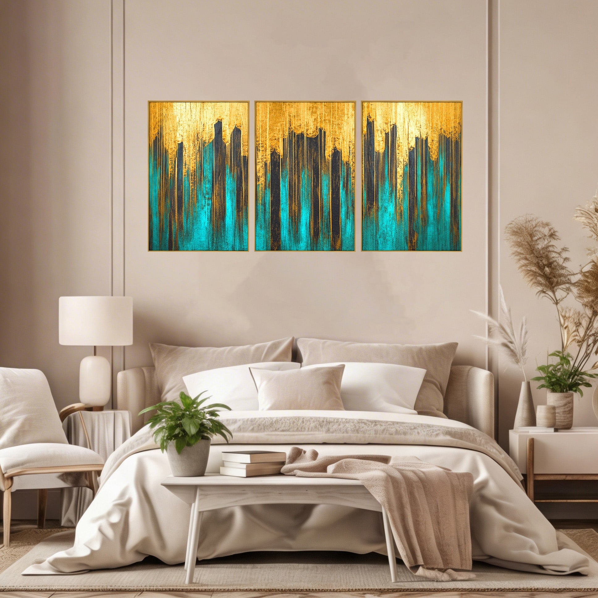 Set 3 Tablouri Canvas Premium LuxCanva® C3-1393, Orasul Aurit, Oras, Abstract, Modern, Lux, Birou, Culori Vibrante