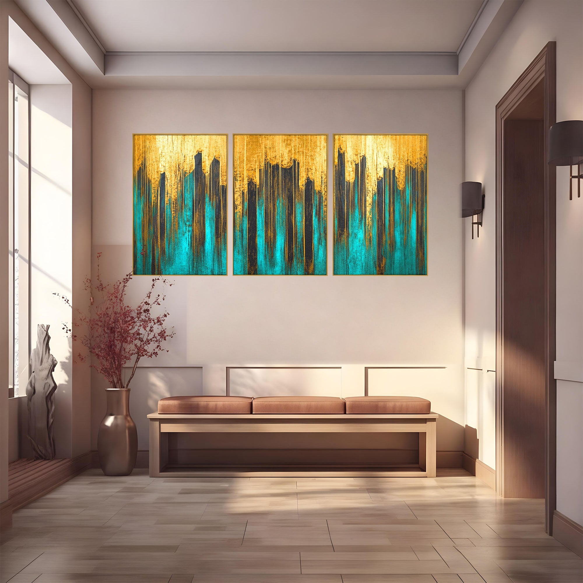 Set 3 Tablouri Canvas Premium LuxCanva® C3-1393, Orasul Aurit, Oras, Abstract, Modern, Lux, Birou, Culori Vibrante