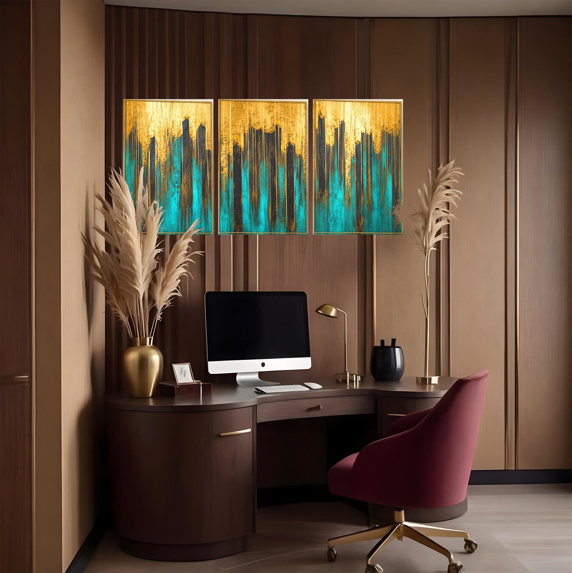 Set 3 Tablouri Canvas Premium LuxCanva® C3-1393, Orasul Aurit, Oras, Abstract, Modern, Lux, Birou, Culori Vibrante