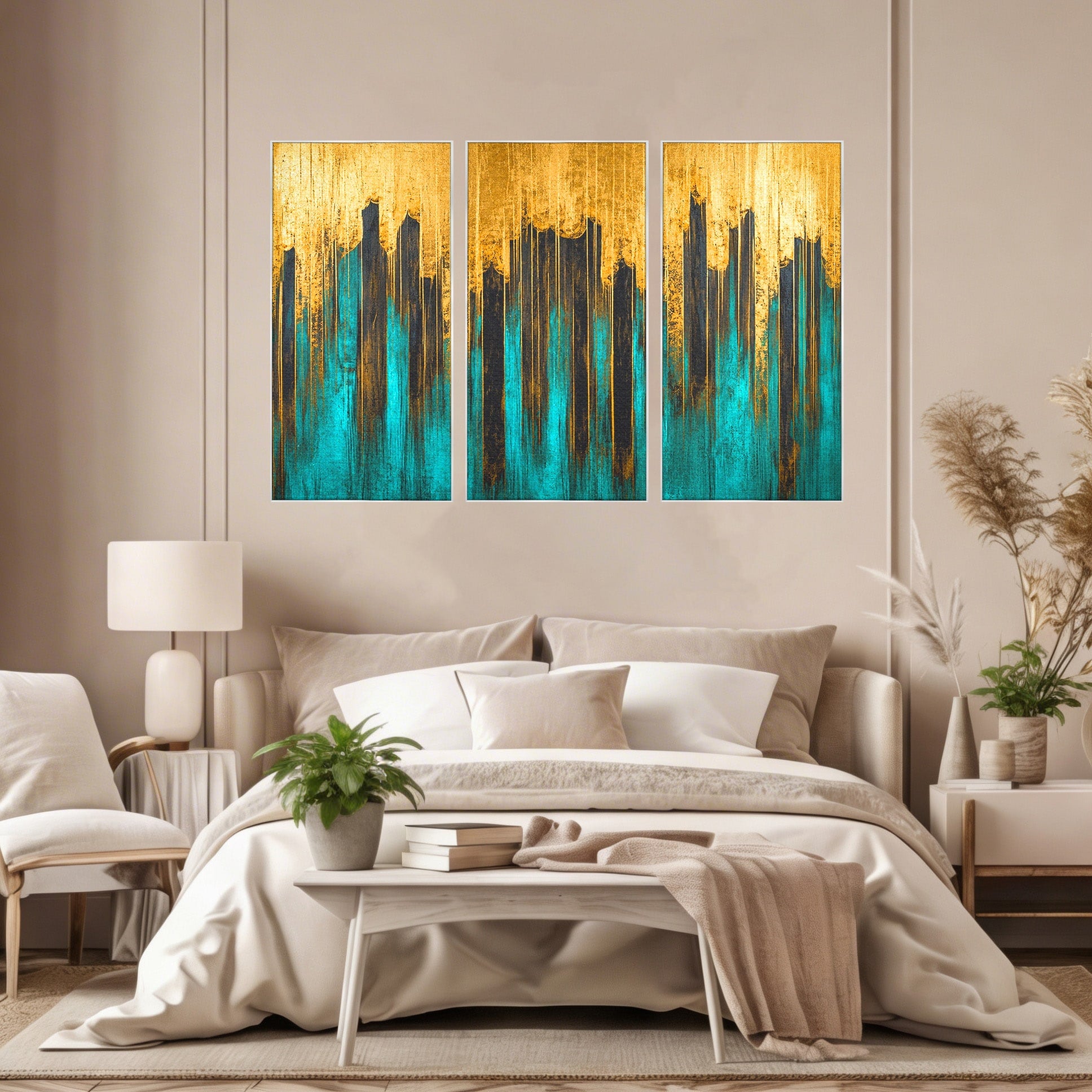 Set 3 Tablouri Canvas Premium LuxCanva® C3-1393, Orasul Aurit, Oras, Abstract, Modern, Lux, Birou, Culori Vibrante