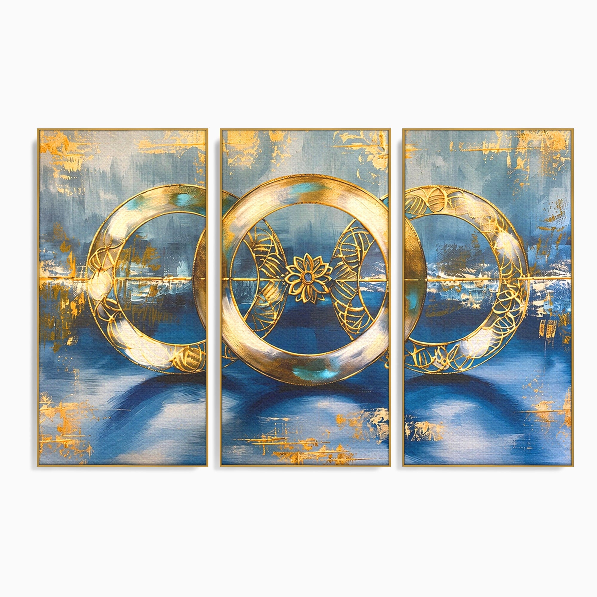 Set 3 Tablouri Canvas Premium LuxCanva® C3-1399, Cercuri Aurii Abstracte, Abstract, Cercuri, Auriu, Modern, Living, Culori Vibrante