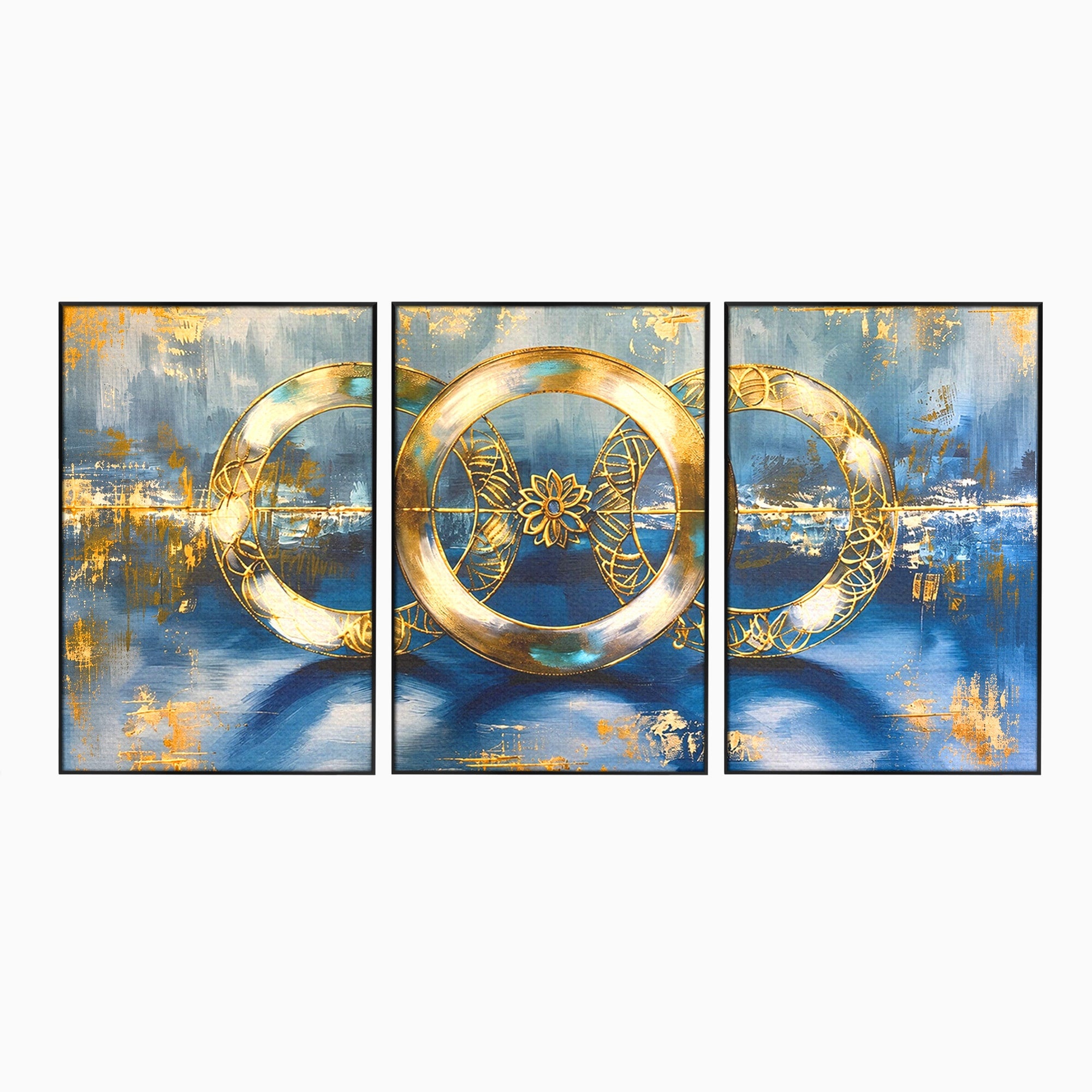Set 3 Tablouri Canvas Premium LuxCanva® C3-1399, Cercuri Aurii Abstracte, Abstract, Cercuri, Auriu, Modern, Living, Culori Vibrante