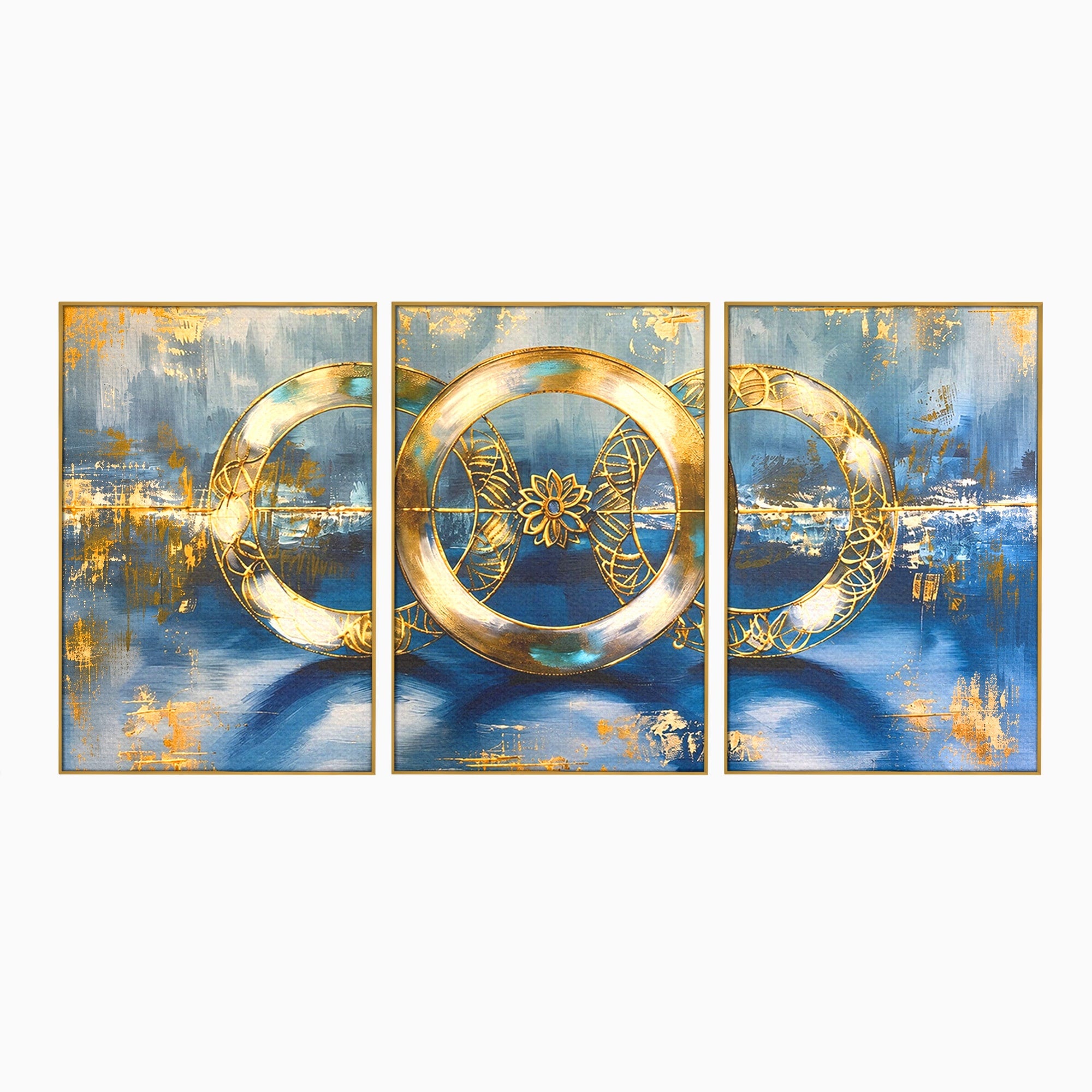 Set 3 Tablouri Canvas Premium LuxCanva® C3-1399, Cercuri Aurii Abstracte, Abstract, Cercuri, Auriu, Modern, Living, Culori Vibrante