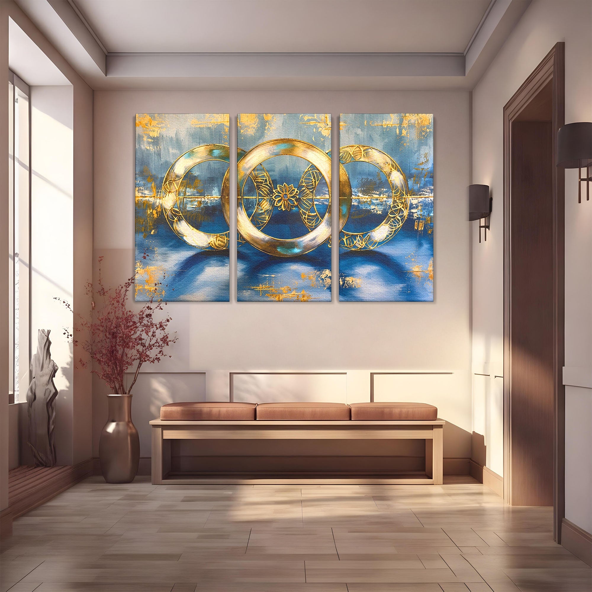 Set 3 Tablouri Canvas Premium LuxCanva® C3-1399, Cercuri Aurii Abstracte, Abstract, Cercuri, Auriu, Modern, Living, Culori Vibrante