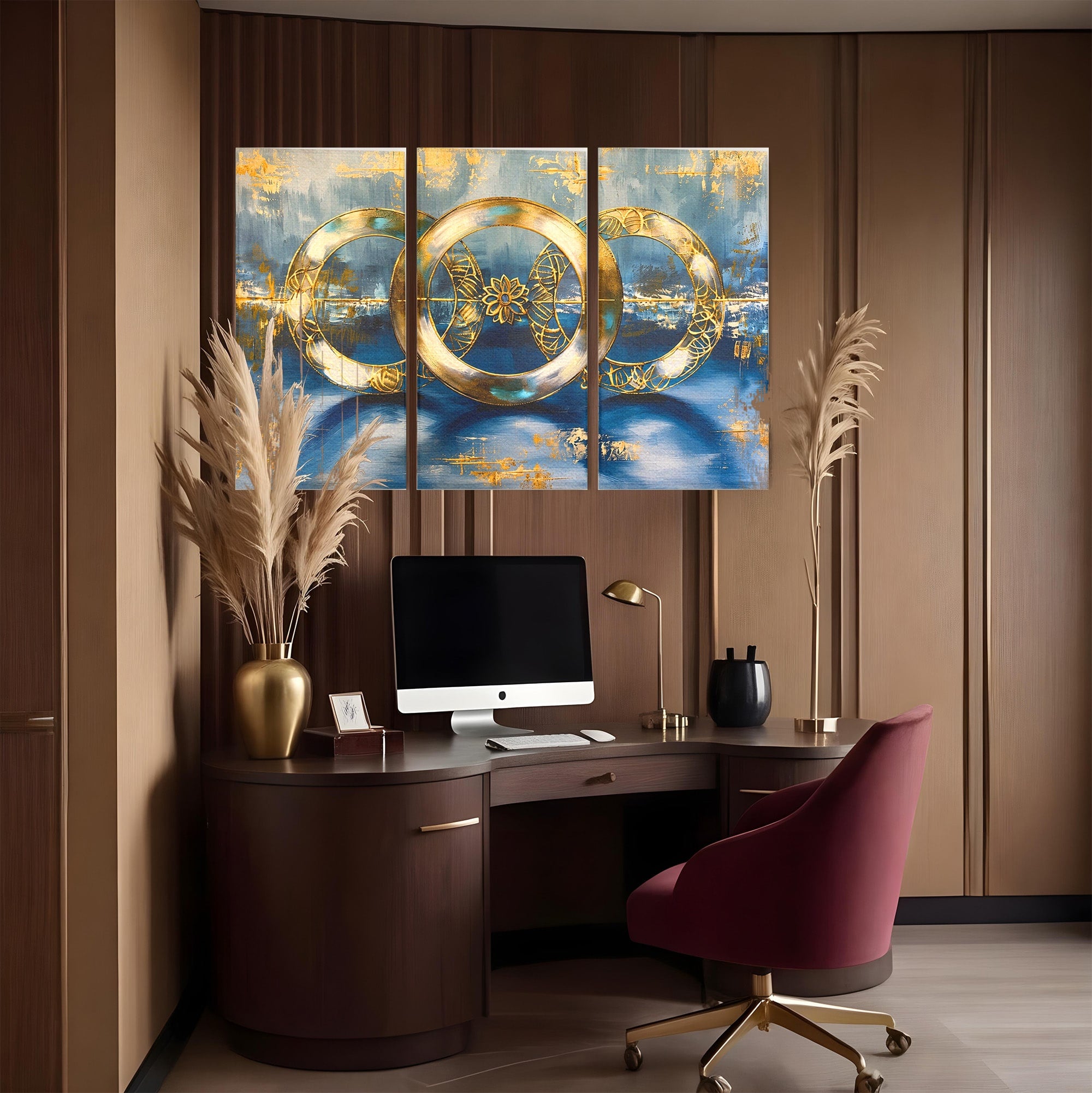 Set 3 Tablouri Canvas Premium LuxCanva® C3-1399, Cercuri Aurii Abstracte, Abstract, Cercuri, Auriu, Modern, Living, Culori Vibrante