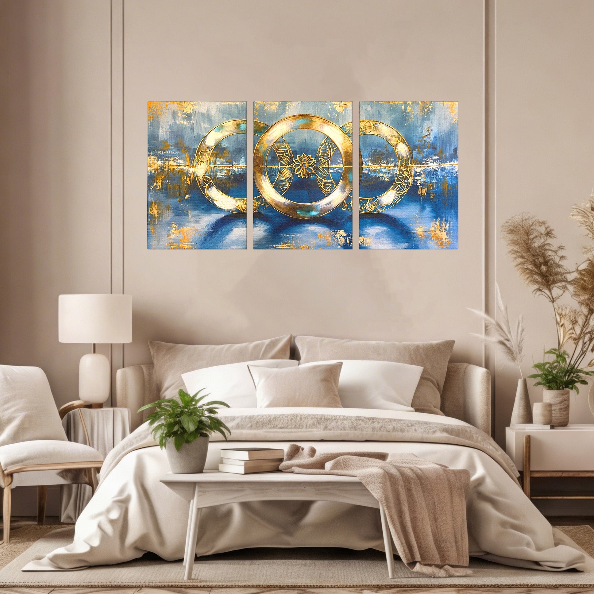 Set 3 Tablouri Canvas Premium LuxCanva® C3-1399, Cercuri Aurii Abstracte, Abstract, Cercuri, Auriu, Modern, Living, Culori Vibrante