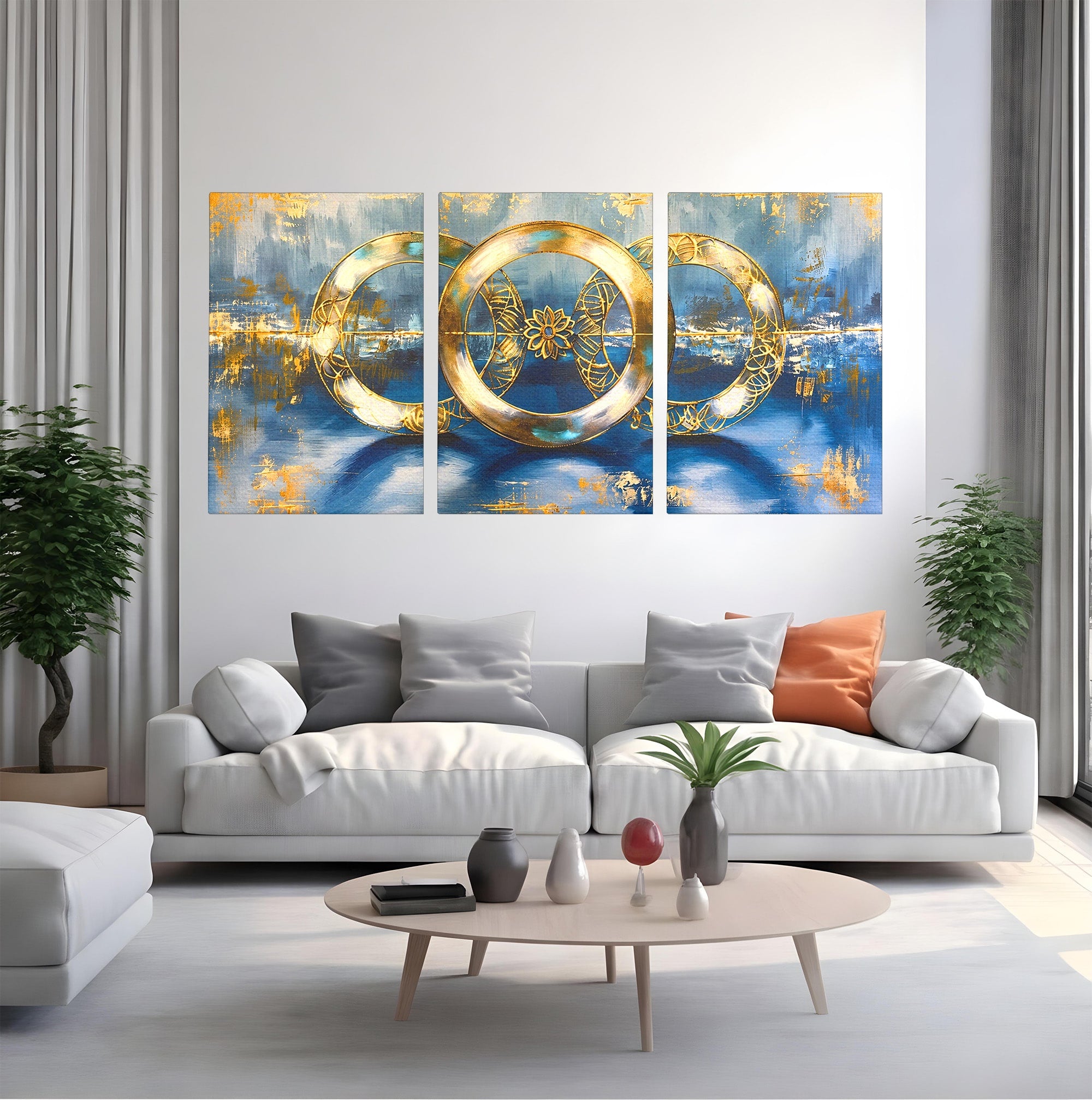 Set 3 Tablouri Canvas Premium LuxCanva® C3-1399, Cercuri Aurii Abstracte, Abstract, Cercuri, Auriu, Modern, Living, Culori Vibrante