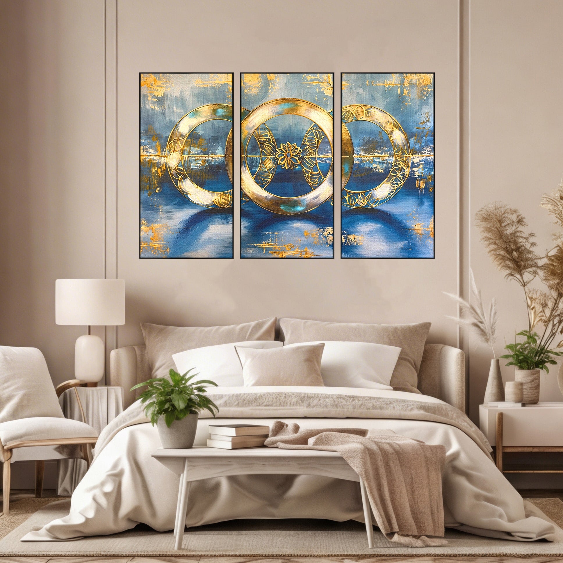 Set 3 Tablouri Canvas Premium LuxCanva® C3-1399, Cercuri Aurii Abstracte, Abstract, Cercuri, Auriu, Modern, Living, Culori Vibrante