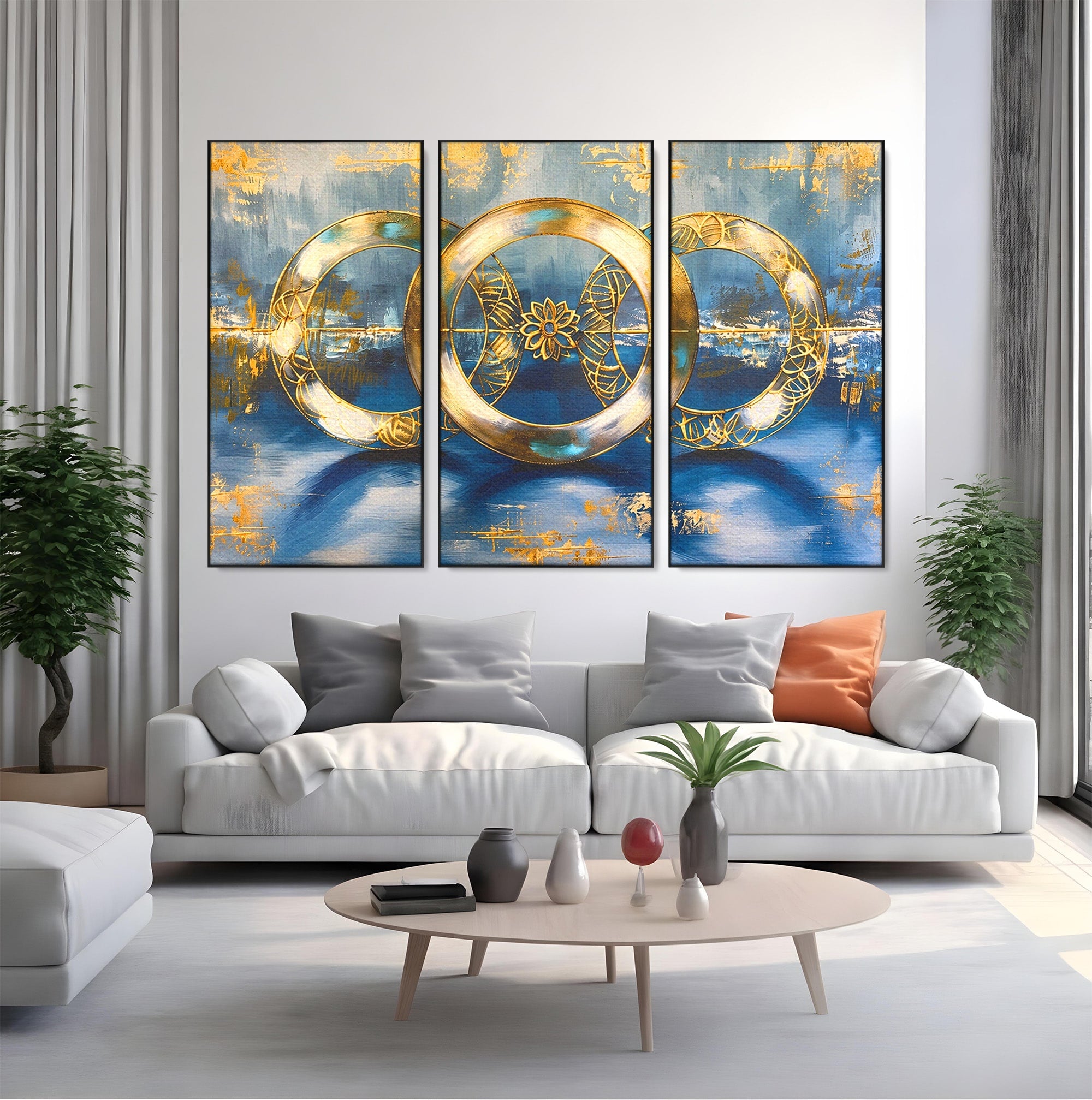 Set 3 Tablouri Canvas Premium LuxCanva® C3-1399, Cercuri Aurii Abstracte, Abstract, Cercuri, Auriu, Modern, Living, Culori Vibrante