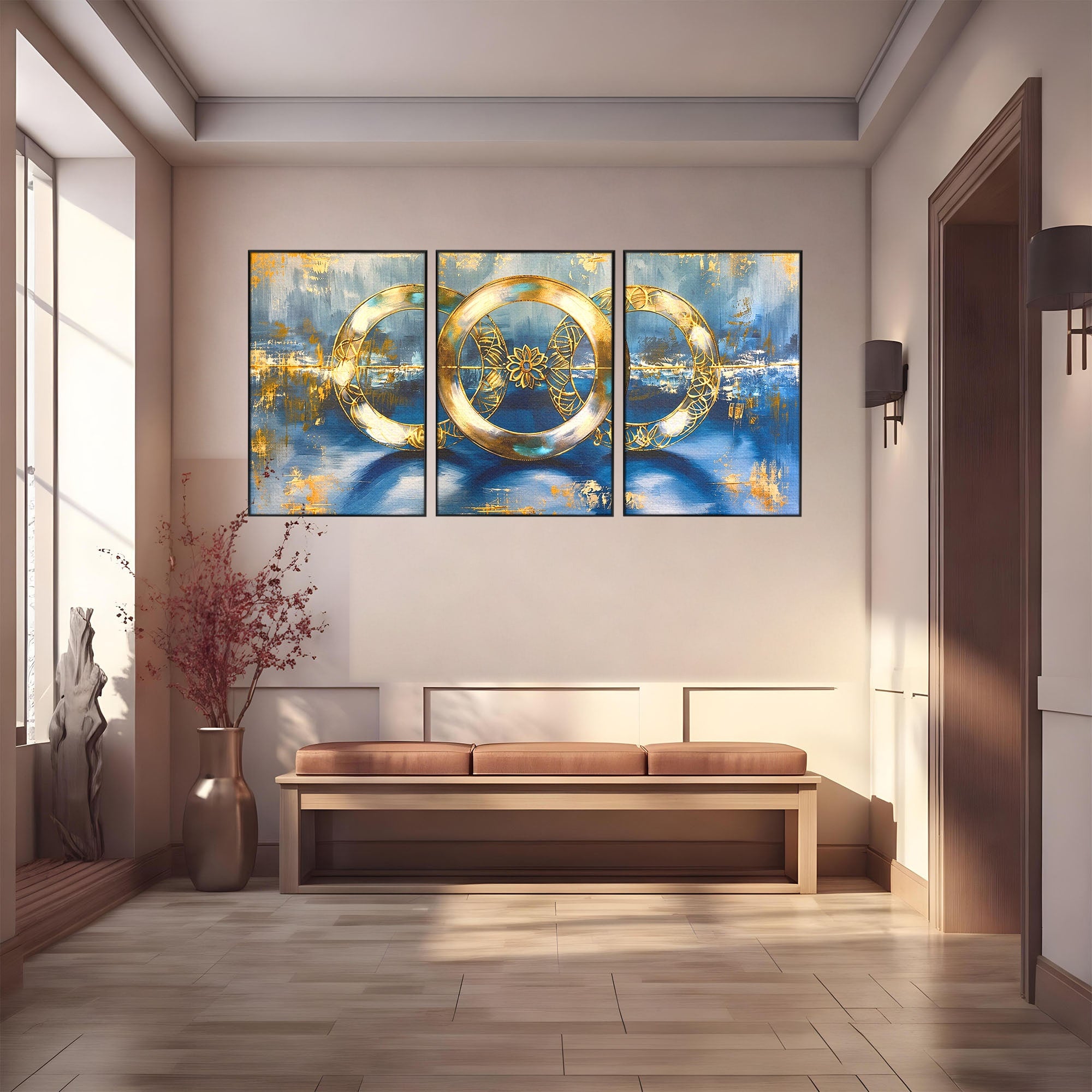 Set 3 Tablouri Canvas Premium LuxCanva® C3-1399, Cercuri Aurii Abstracte, Abstract, Cercuri, Auriu, Modern, Living, Culori Vibrante