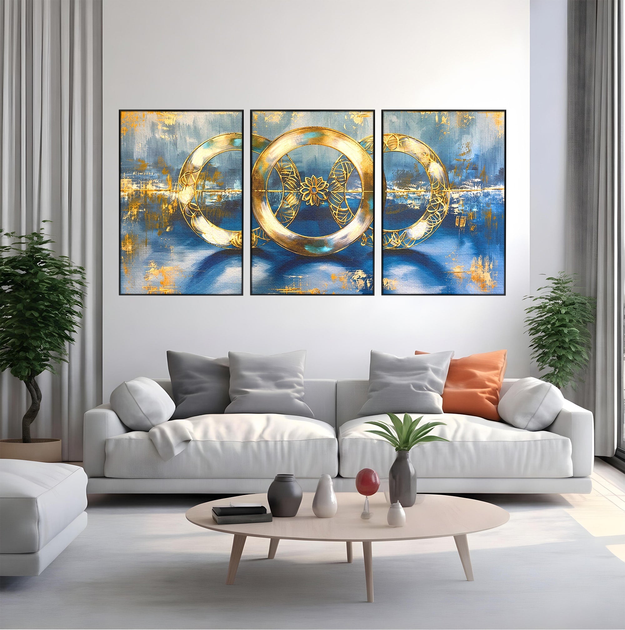 Set 3 Tablouri Canvas Premium LuxCanva® C3-1399, Cercuri Aurii Abstracte, Abstract, Cercuri, Auriu, Modern, Living, Culori Vibrante